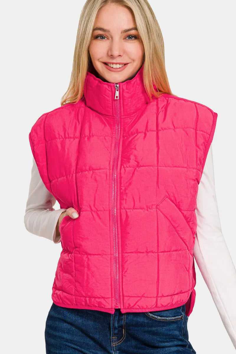 Zenana Zip Up Cropped Puffer Vest with Pockets - Hopeford Streams
