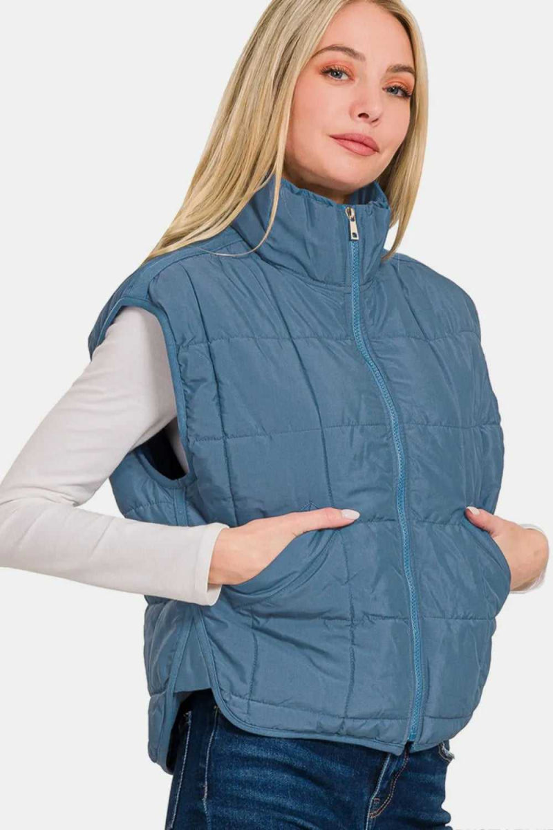 Zenana Zip Up Cropped Puffer Vest with Pockets - Hopeford Streams