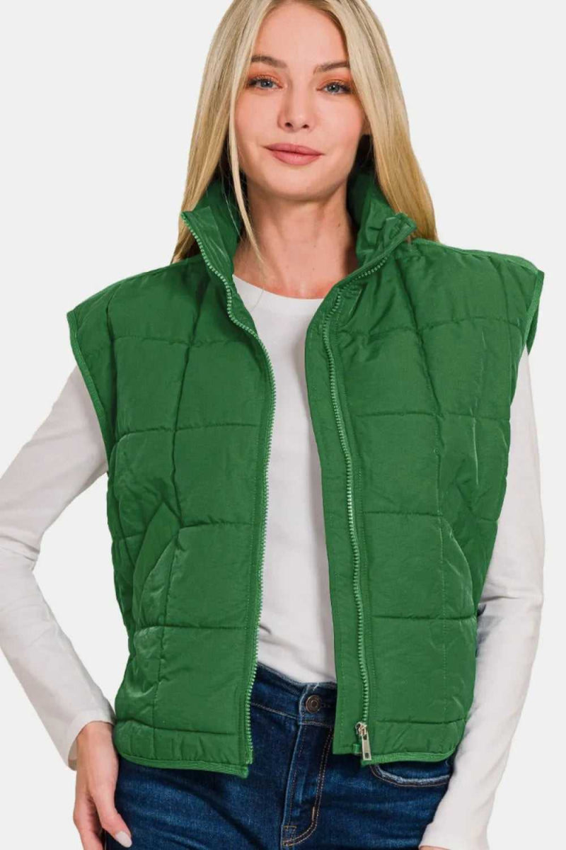 Zenana Zip Up Cropped Puffer Vest with Pockets - Hopeford Streams