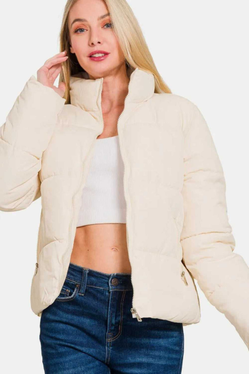 Zenana Zip Up Turtleneck Puffer Jacket with Pockets - Hopeford Streams