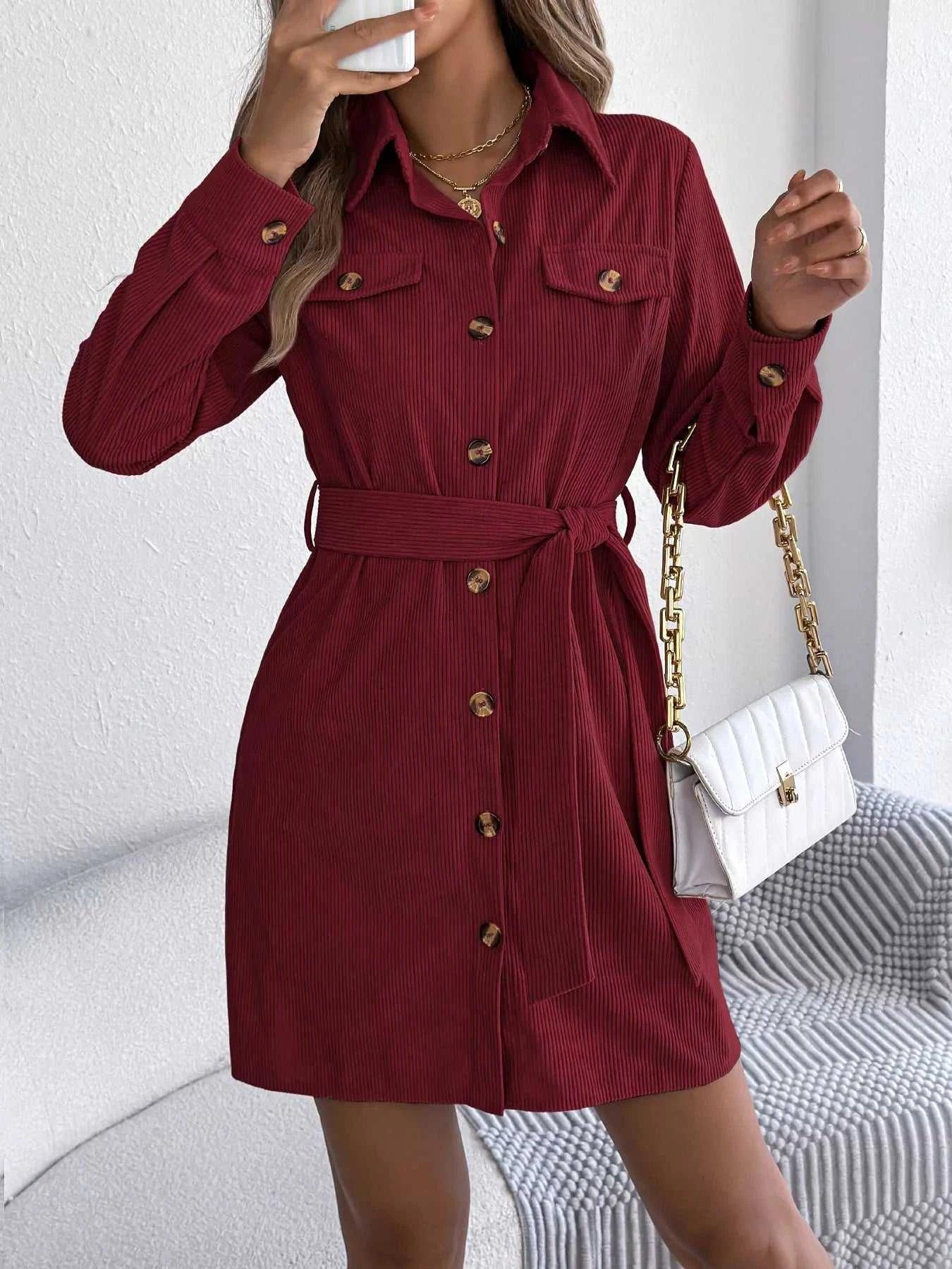 Button-Front Corduroy Shirt Dress -- 