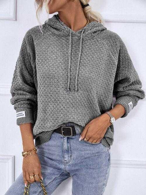 Texture Drawstring Long Sleeve Hooded Sweater -- 
