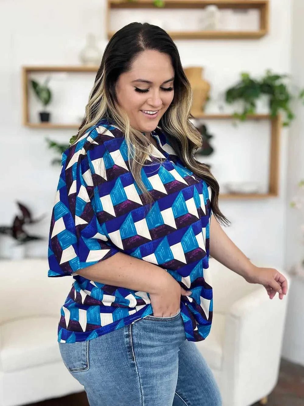 Double Take Full Size Geometric Notched Half Sleeve Blouse -- 