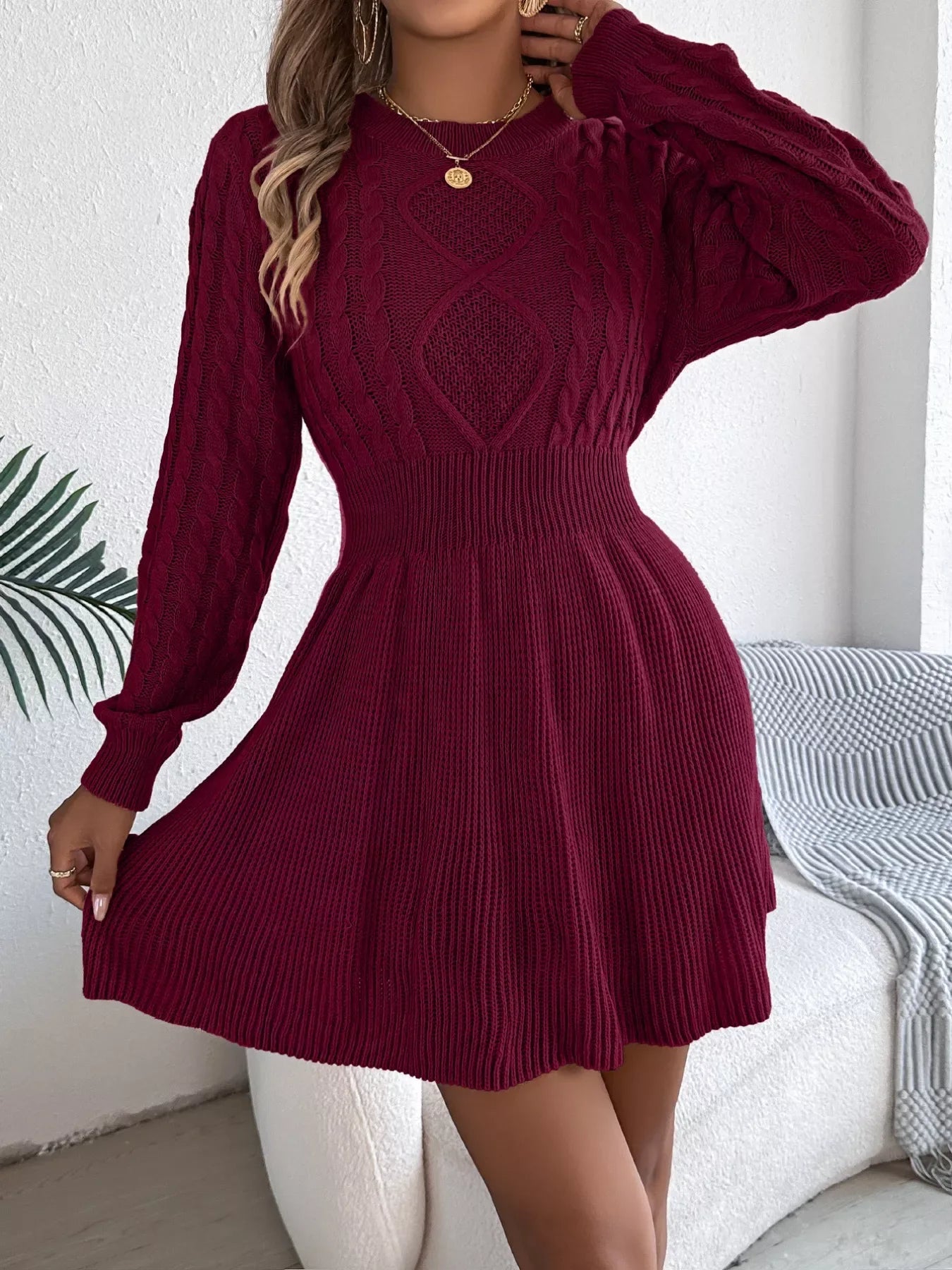 Cable Knit Long Sleeve Sweater Dress -- 