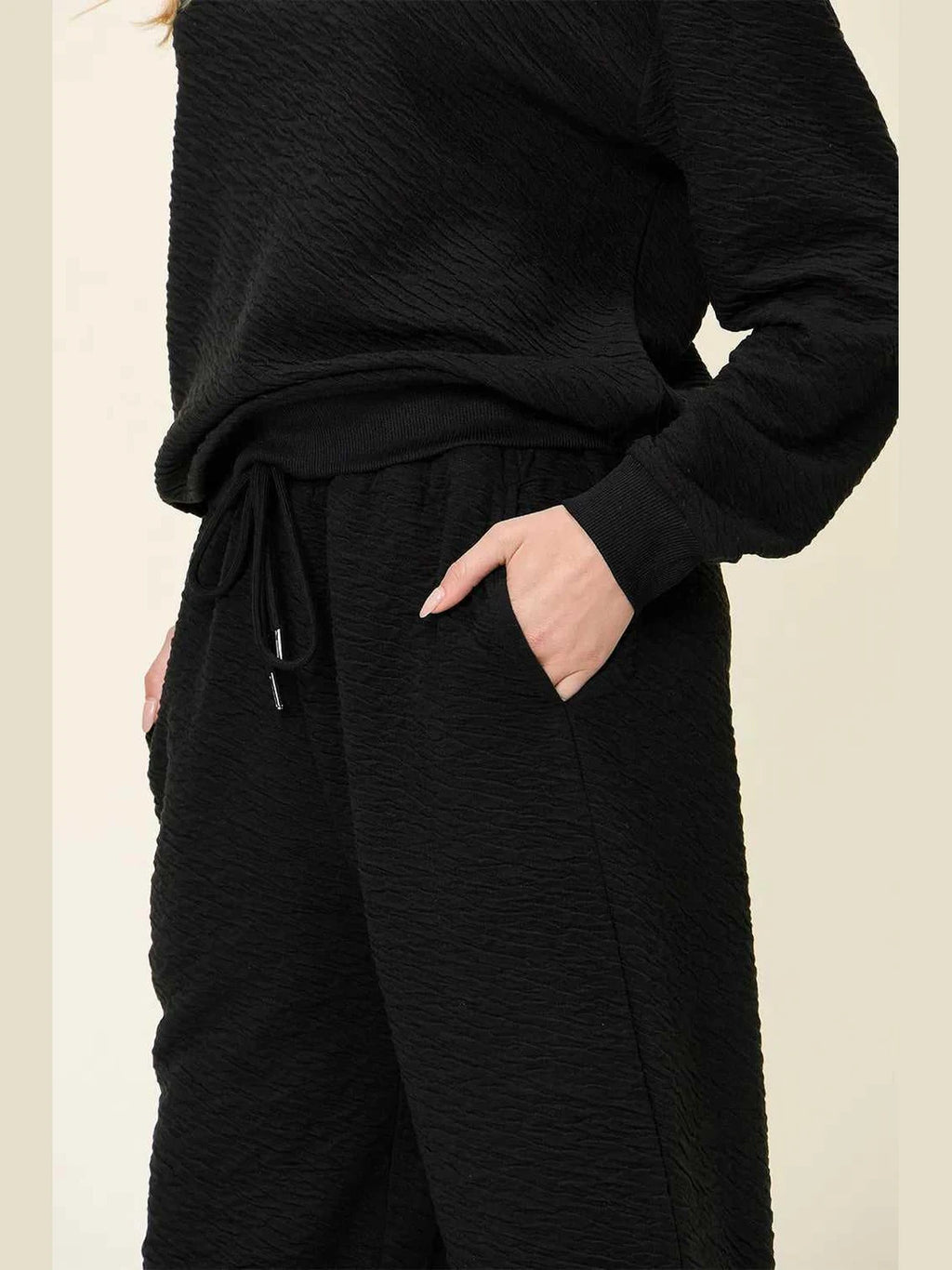 Double Take Full Size Texture Long Sleeve Top and Pants Set -- 