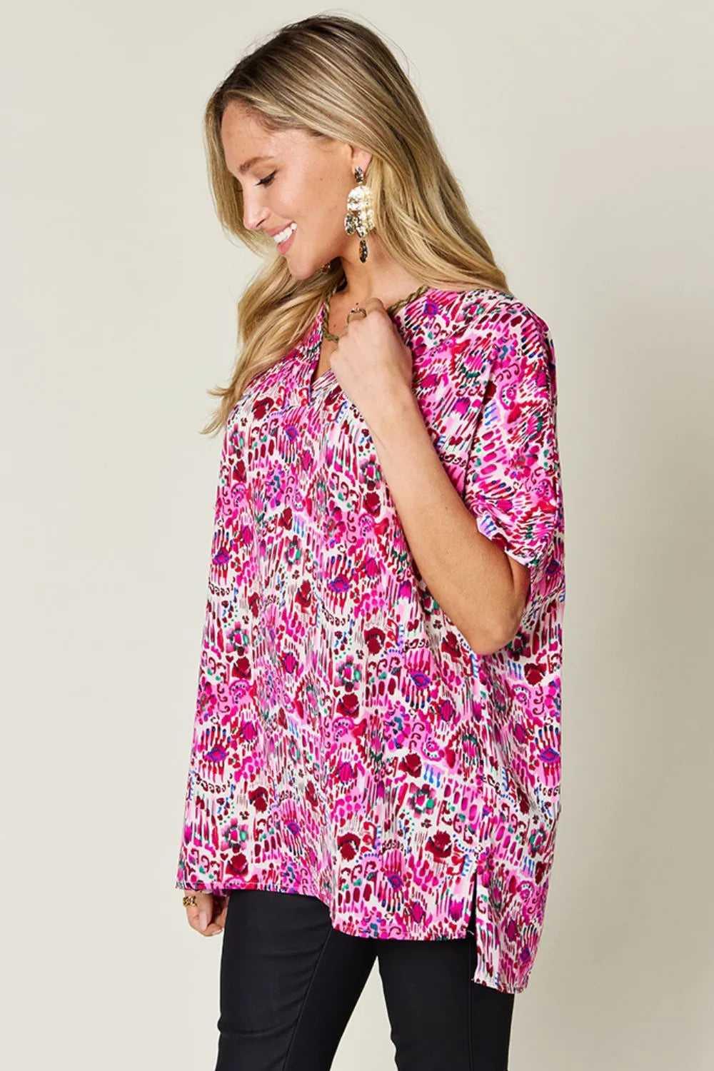 Double Take Full Size Printed V-Neck Short Sleeve Blouse -- 
