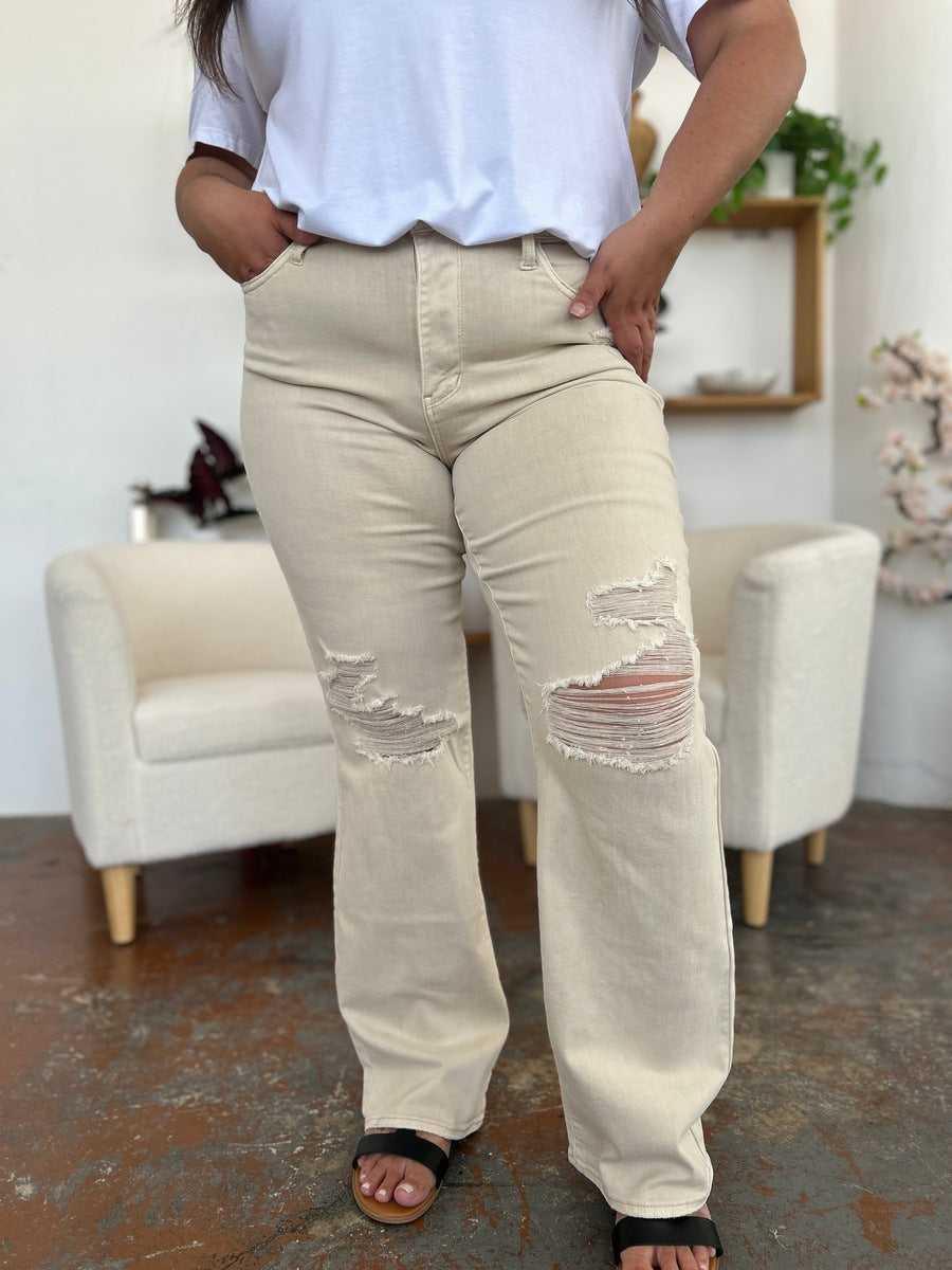 Judy Blue Full Size High Waist Distressed Wide Leg Jeans -- 