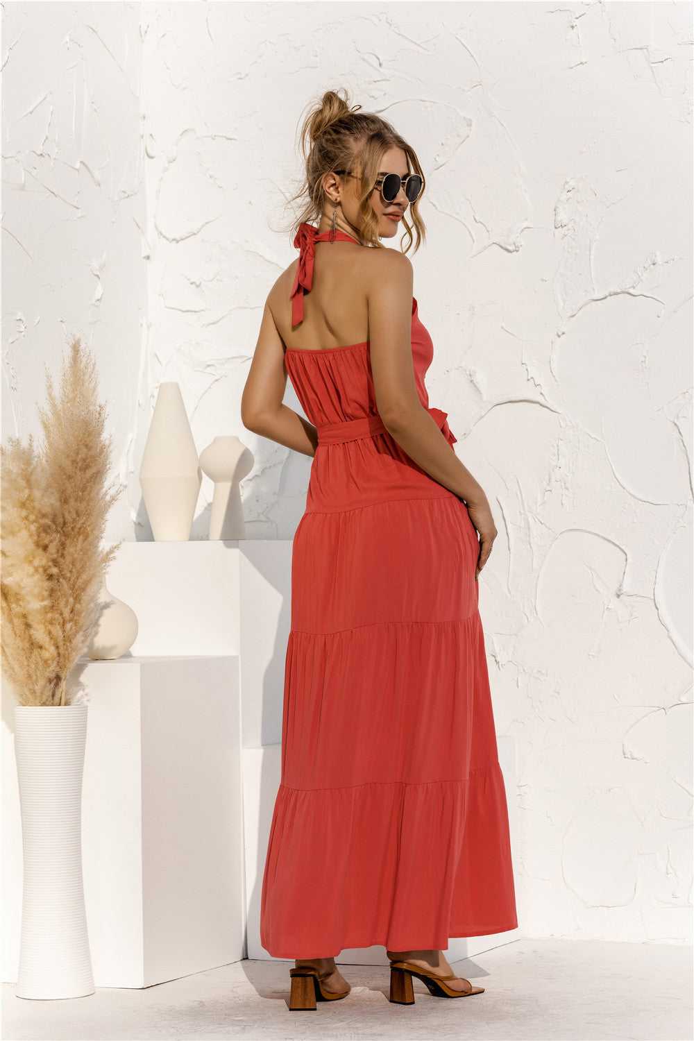 Halter Neck Tie Waist Tiered Maxi Dress - product_type from hopeford-streams.myshopify.com