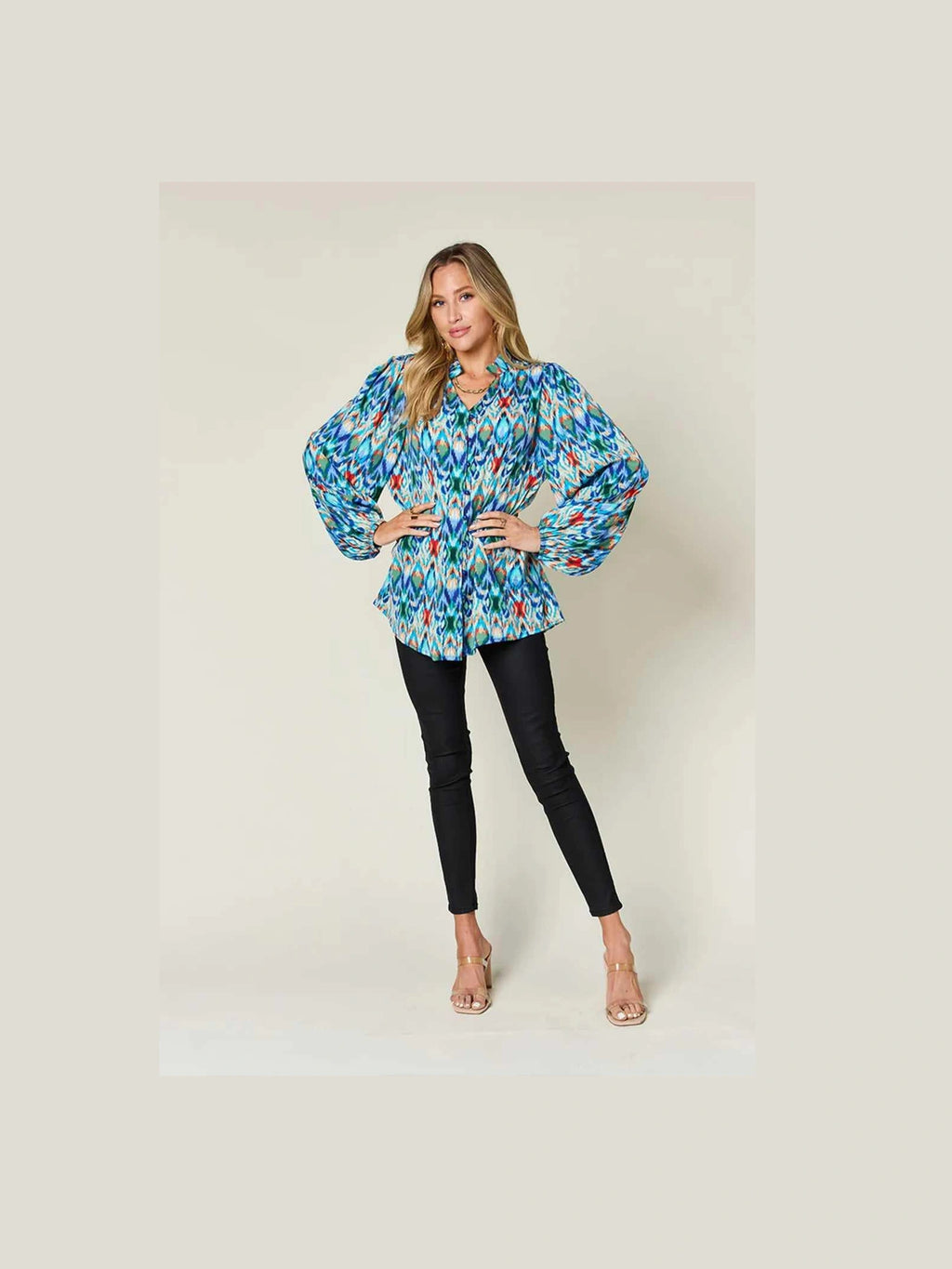 Double Take Full Size Printed Balloon Sleeve Blouse -- 