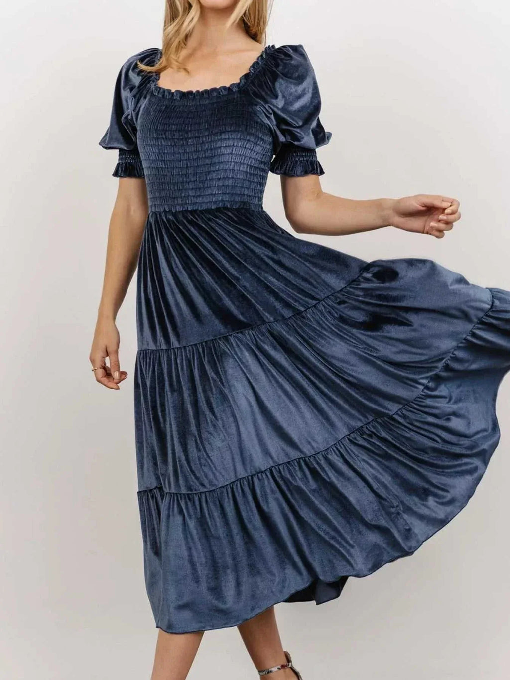 Velvet Smocked Tiered Midi Dress -- 