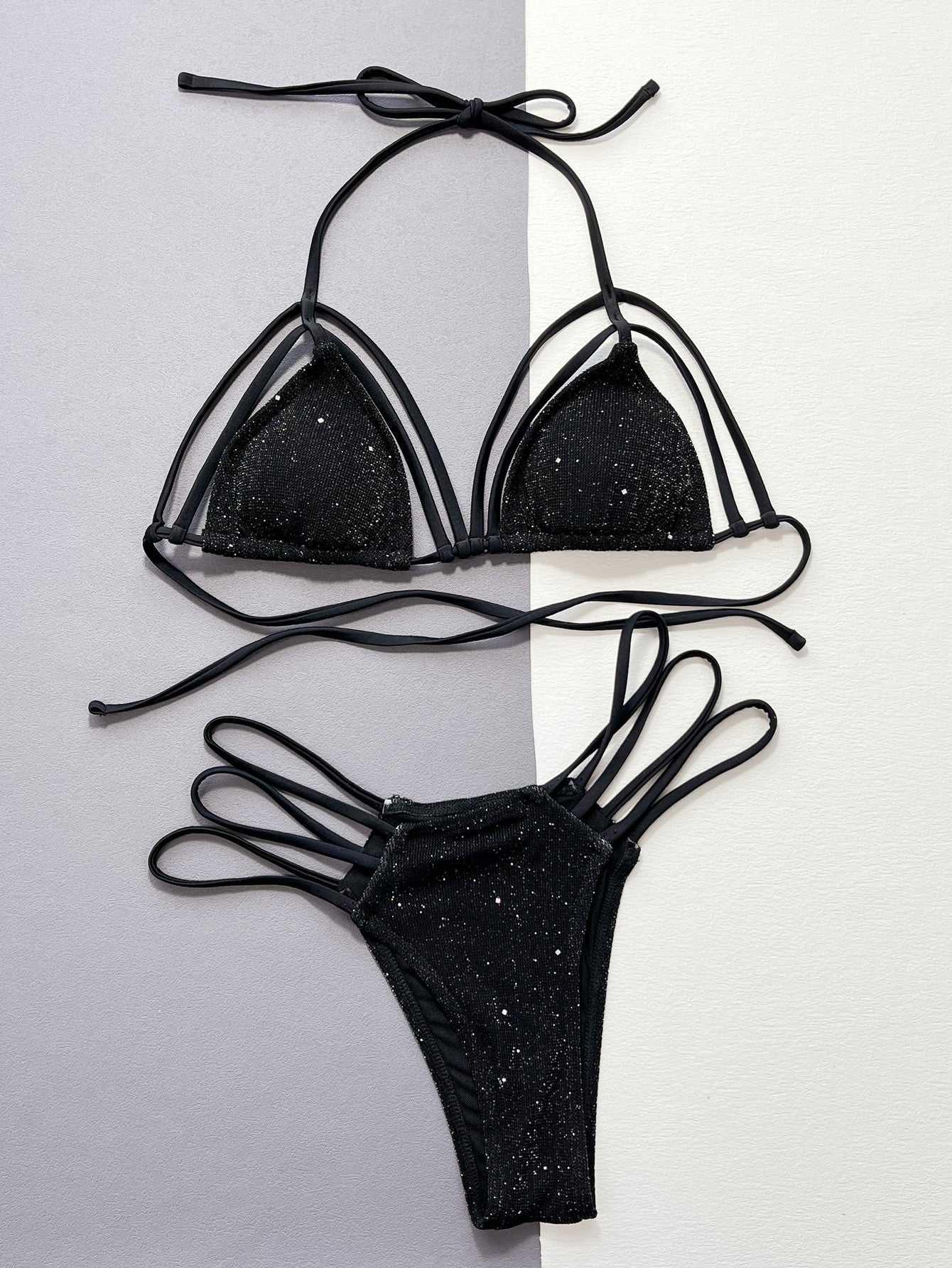 Glitter Halter Neck Strappy Two-Piece Bikini Set -- 