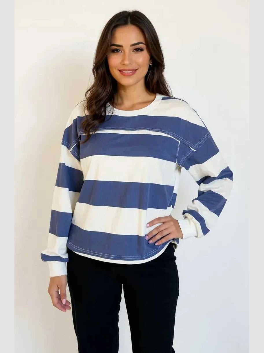 Oh Pima Cotton Wash Exposed Seam Contrast Striped Round Neck Long Sleeve T-Shirt -- 