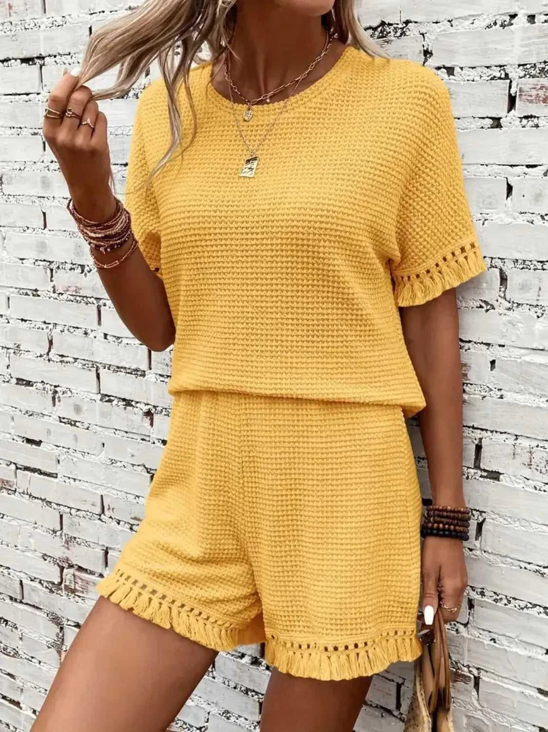 Tassel Round Neck Top and Shorts Set -- 