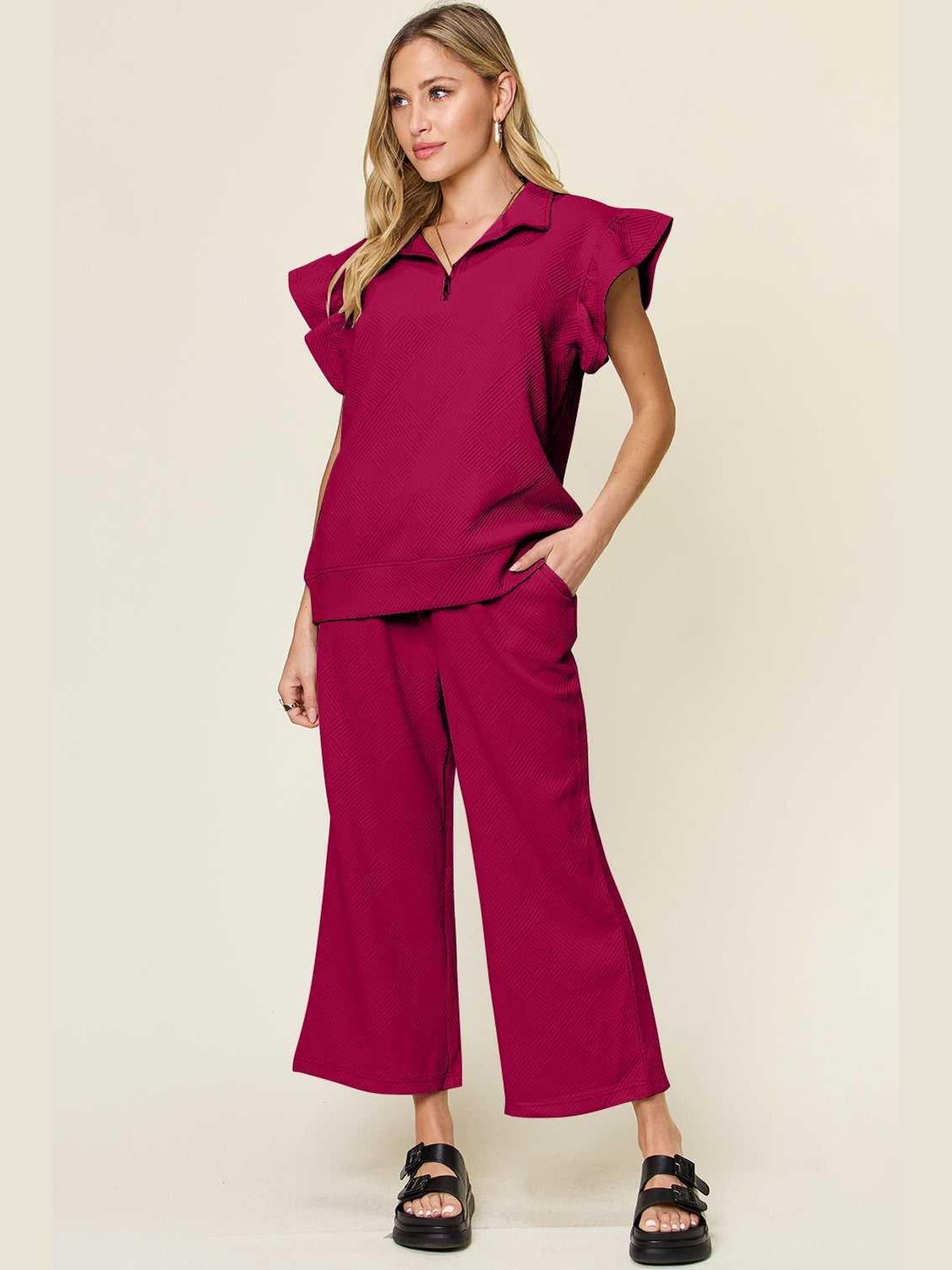 Ruffle Short Sleeve Top and Drawstring Wide Leg Pants Set -- 