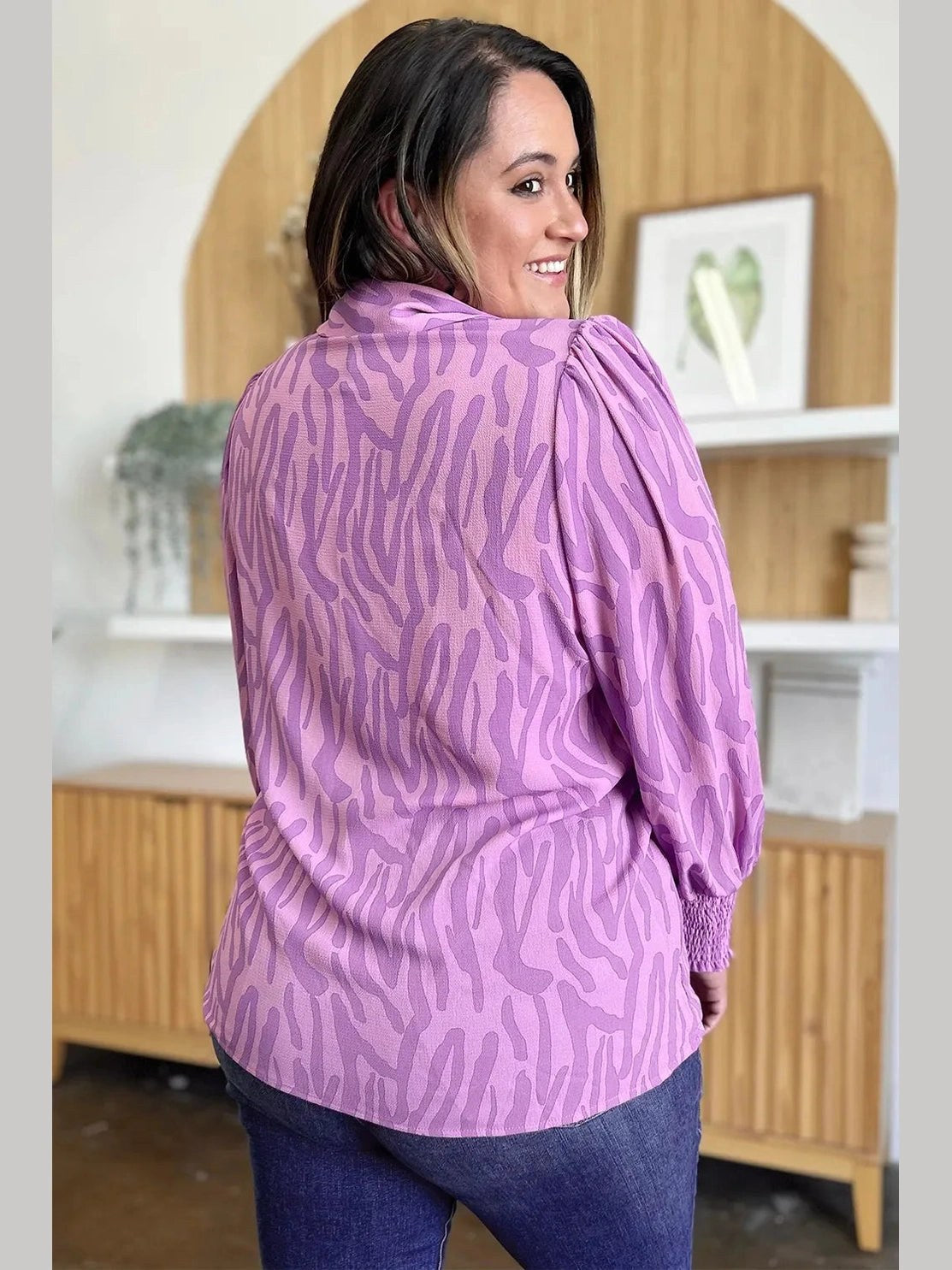 Double Take Full Size Printed Smocked Long Sleeve Blouse Plus Size -- 