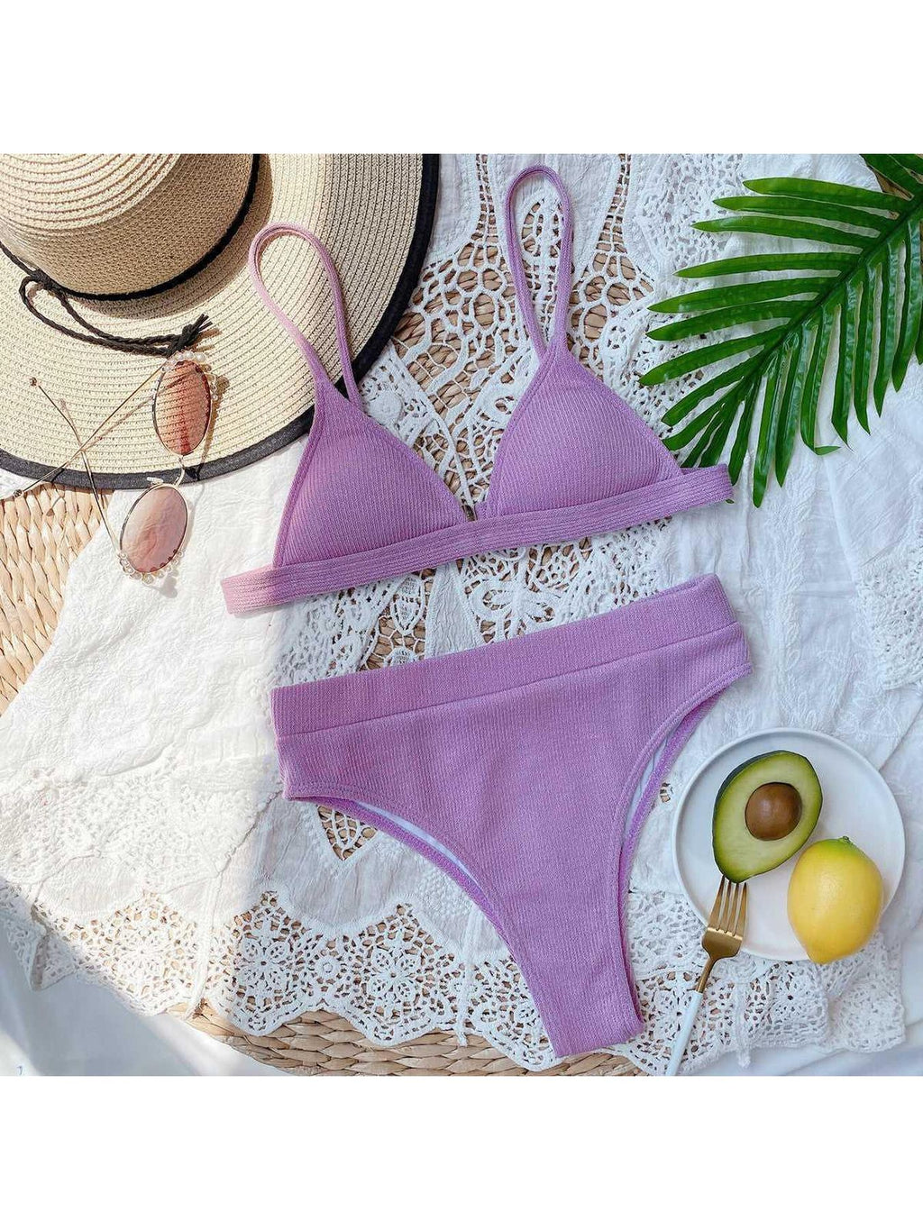 Spaghetti Strap Ribbed Bikini Set -- 