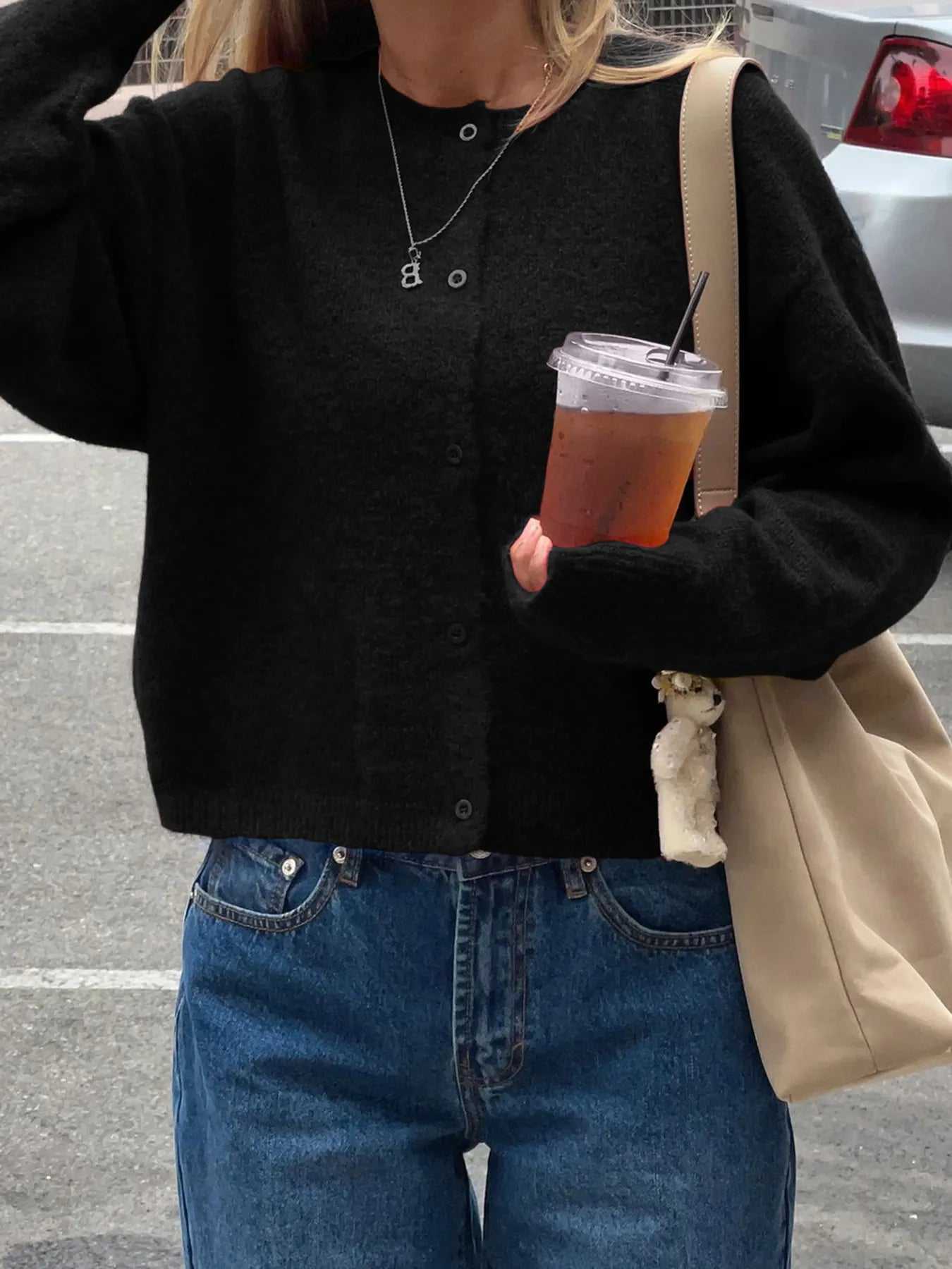 Button-Up Cropped Sweater Cardigan