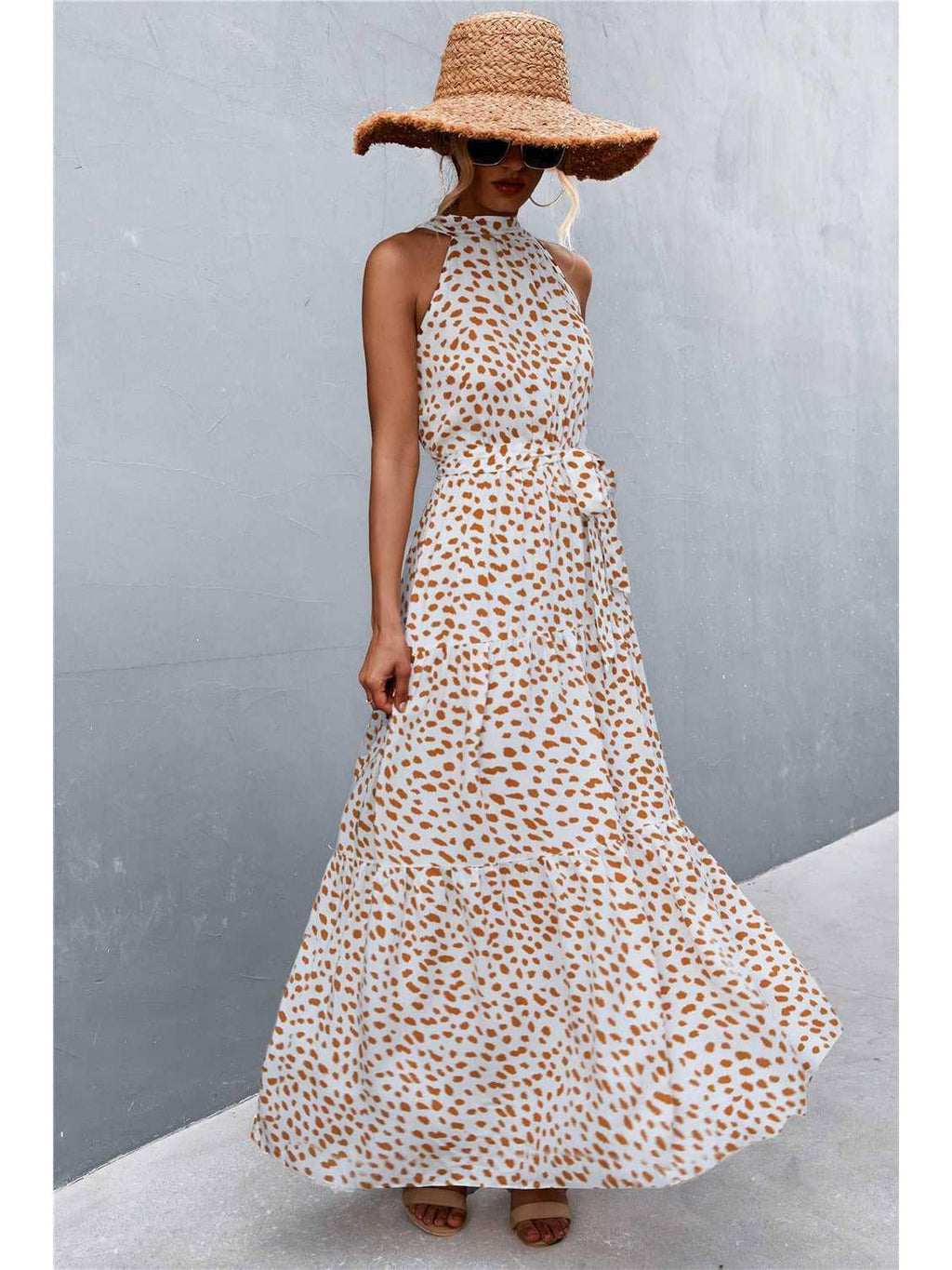 Printed Sleeveless Tie Waist Maxi Dress -- 