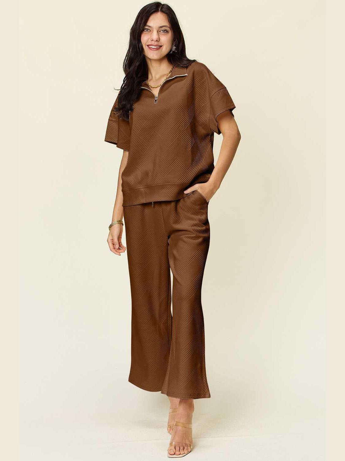 Double Take Full Size Texture Half Zip Short Sleeve Top and Pants Set -- 