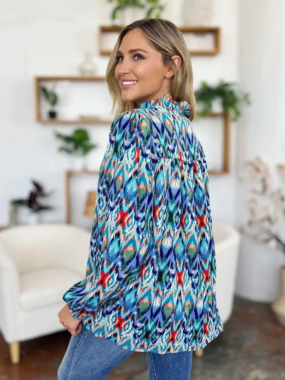 Double Take Full Size Printed Balloon Sleeve Blouse -- 