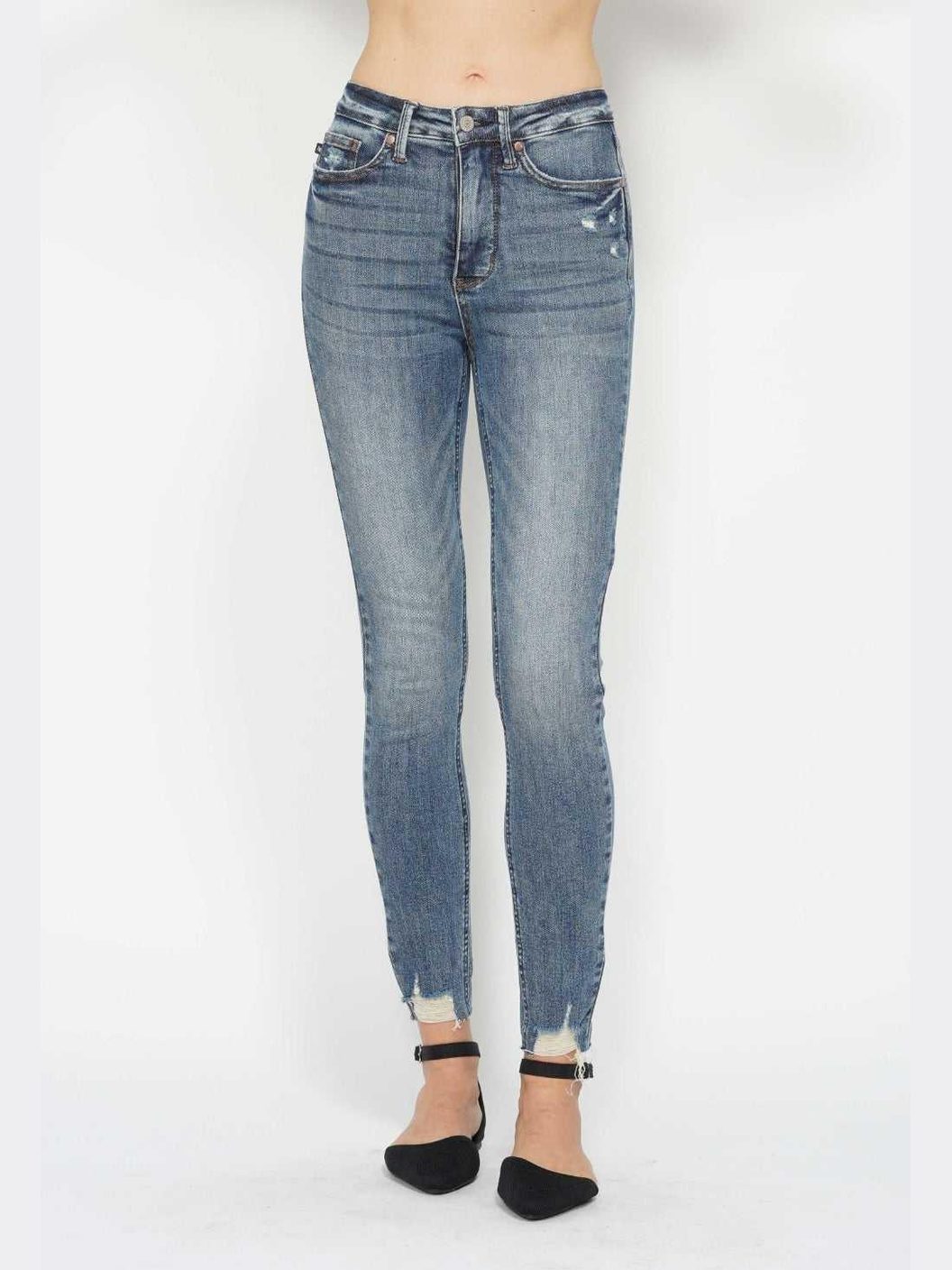 Judy Blue Full Size Tummy Control Vintage Wash Hem Destroy Skinny Jeans -- 