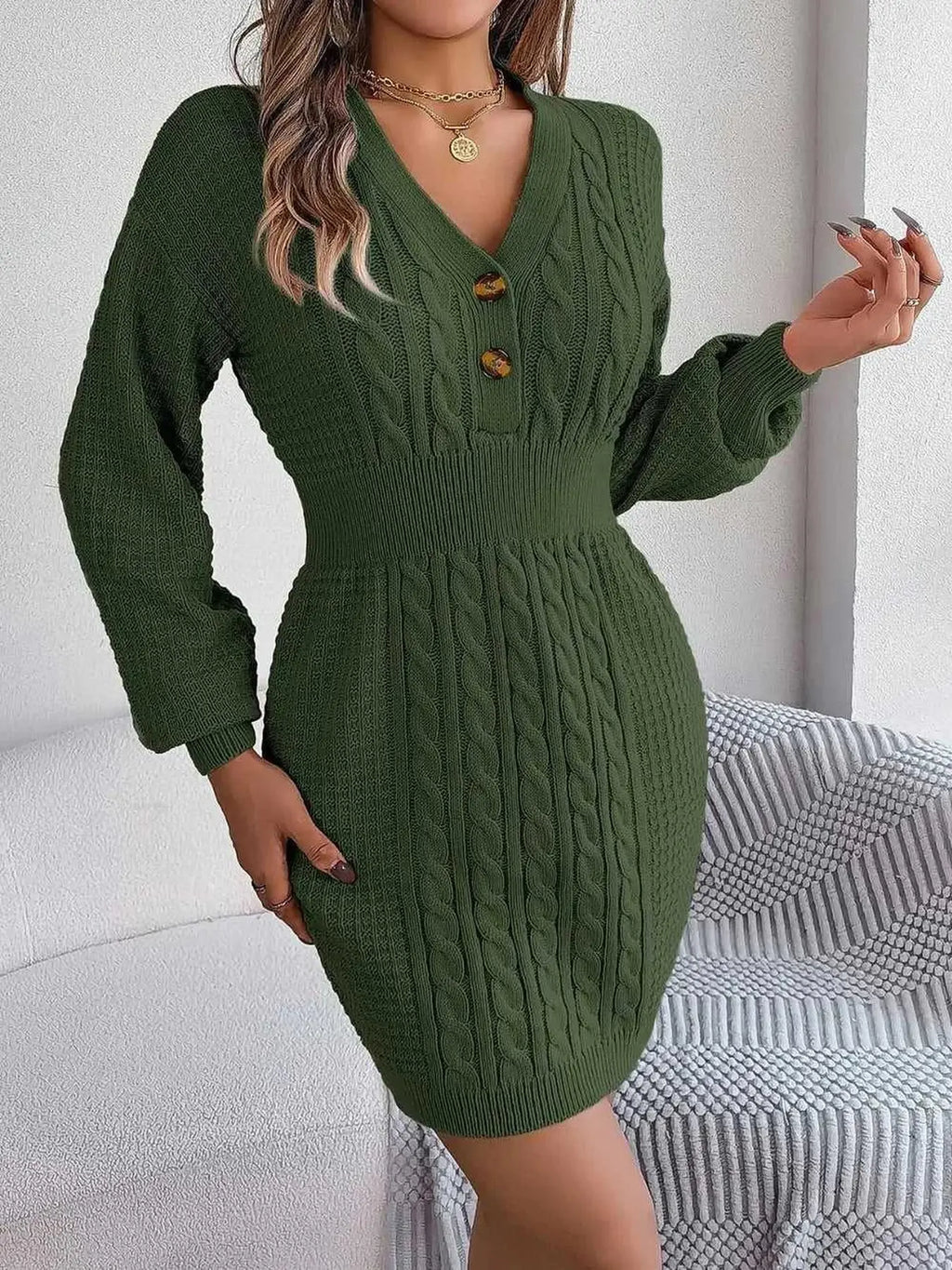Buttoned Cable-Knit V-Neck Sweater Dress -- 