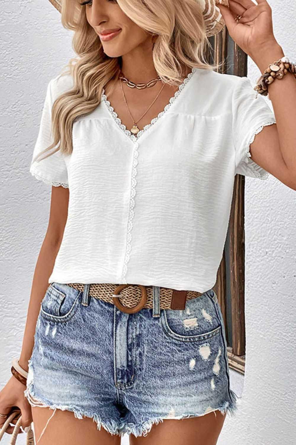 Perfee Textured Lace Trim Tee Shirt -- 