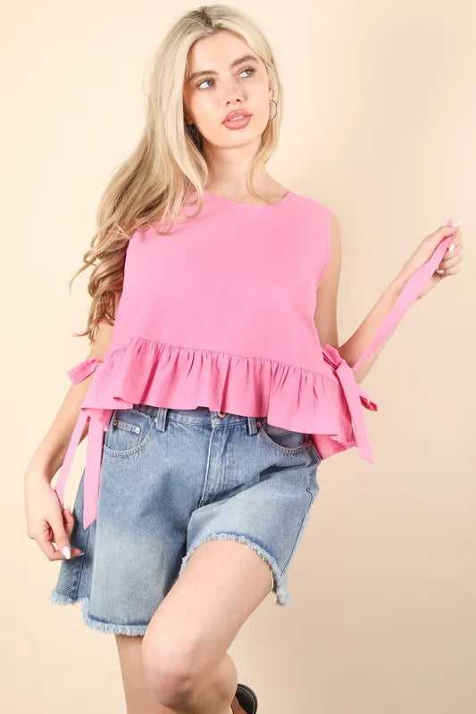 VERY J Side Tie Detail Ruffled Sleeveless Top