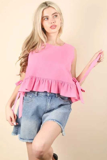 VERY J Side Tie Detail Ruffled Sleeveless Top