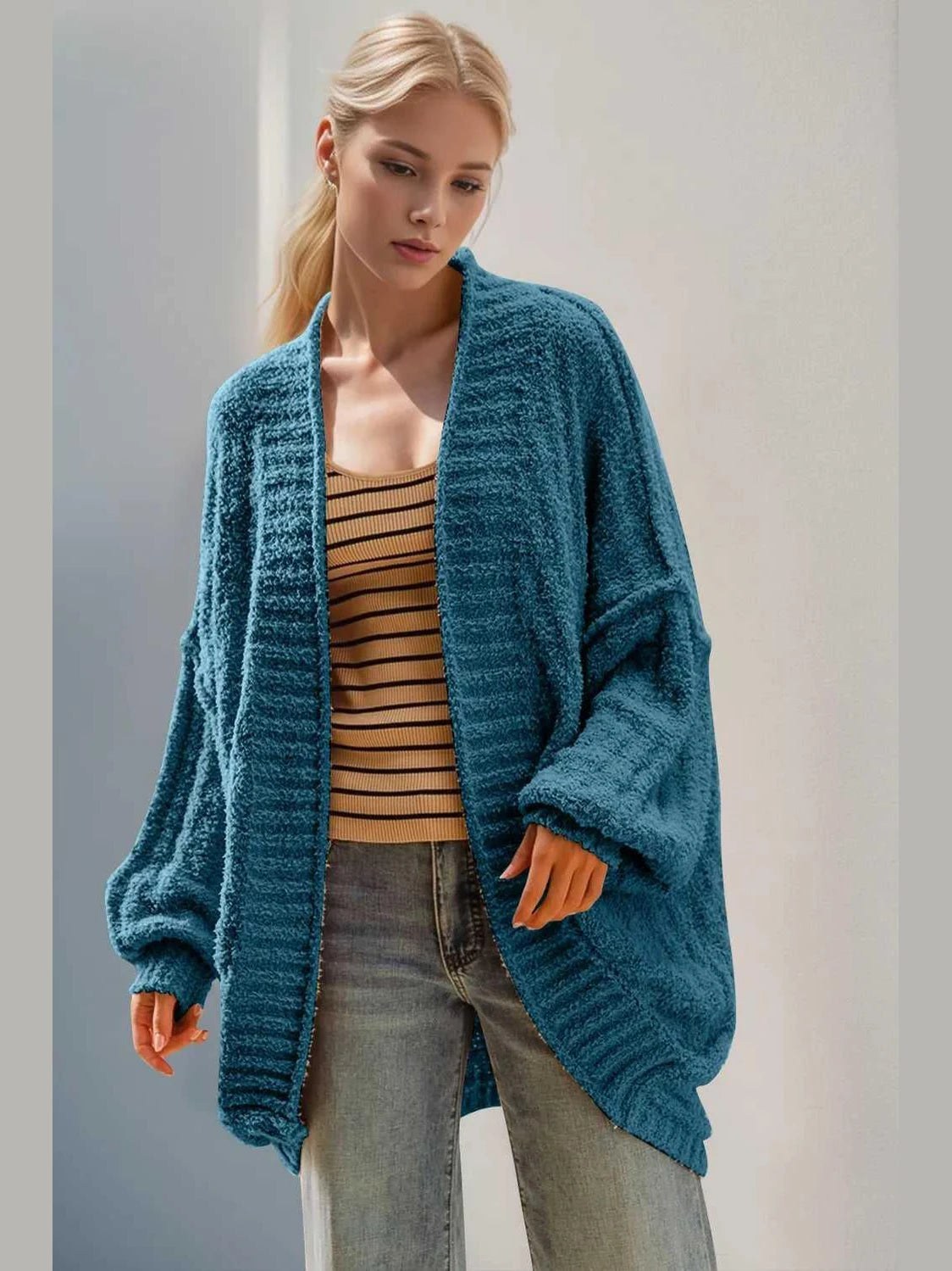 Double Take Full Size Open Front Long Sleeve Cardigan -- 