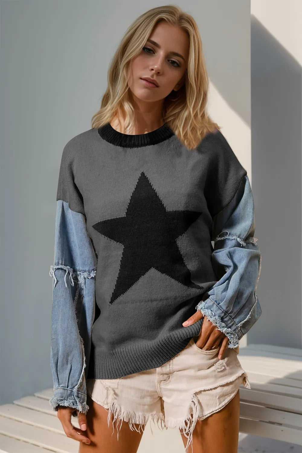 Double Take Full Size Star Pattern Raw Edge Long Sleeve Sweater -- 