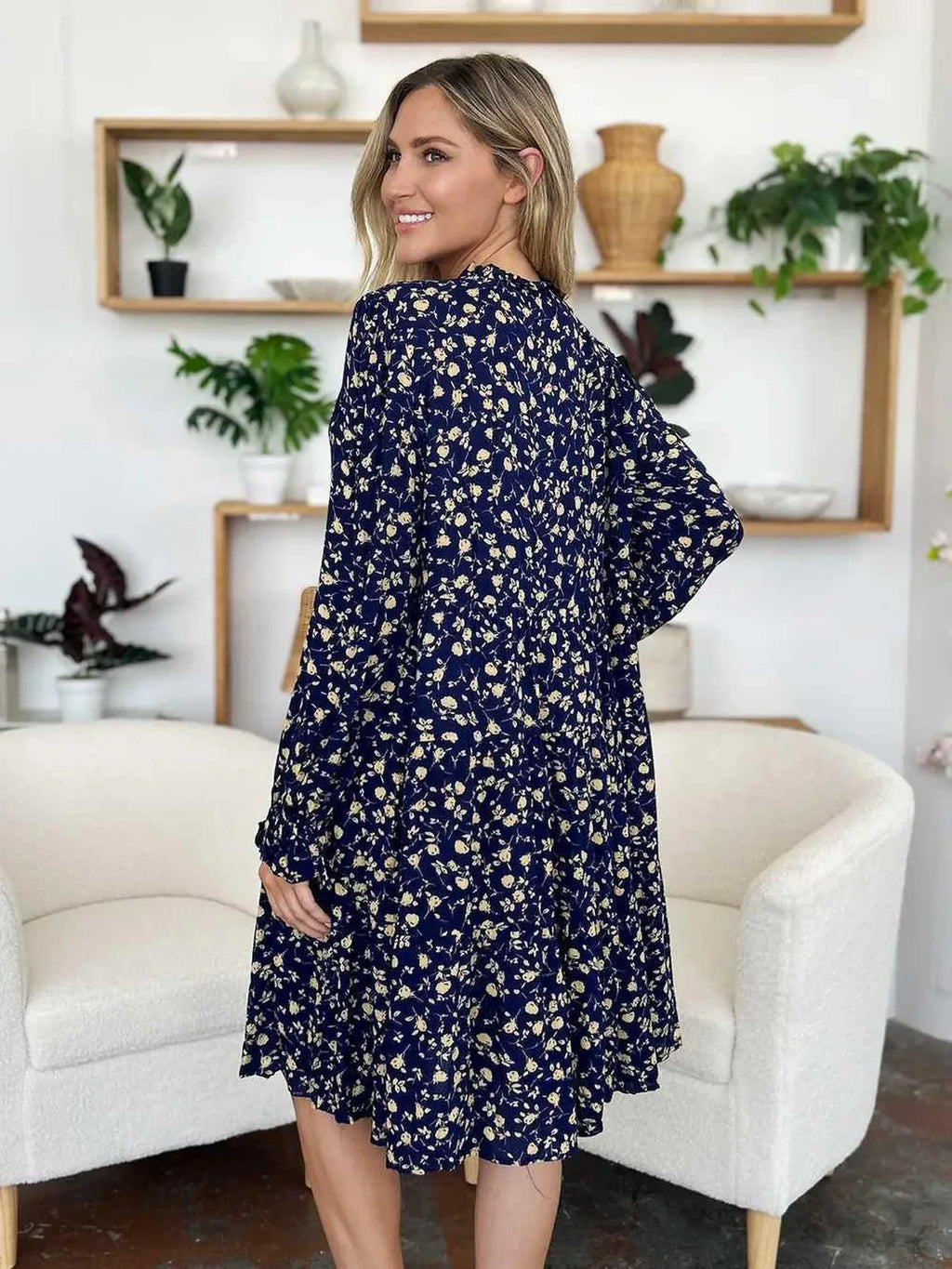 Double Take Full Size Printed Ruffle Hem Long Sleeve Tiered Dress -- 