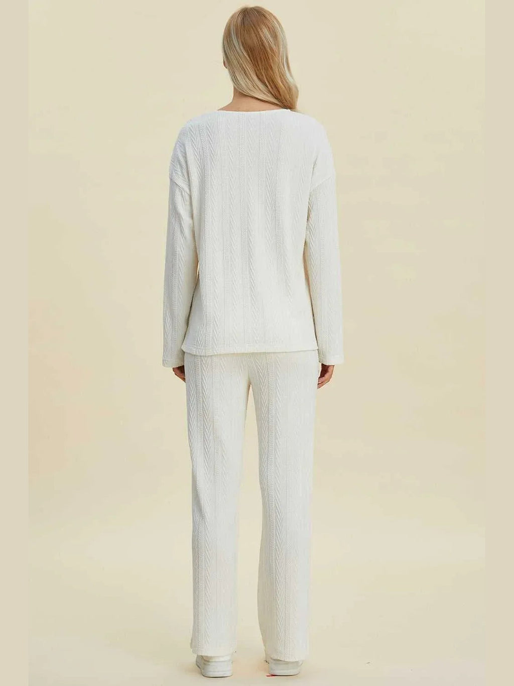 Double Take Full Size Cable-Knit Long Sleeve Top and Pants Set -- 