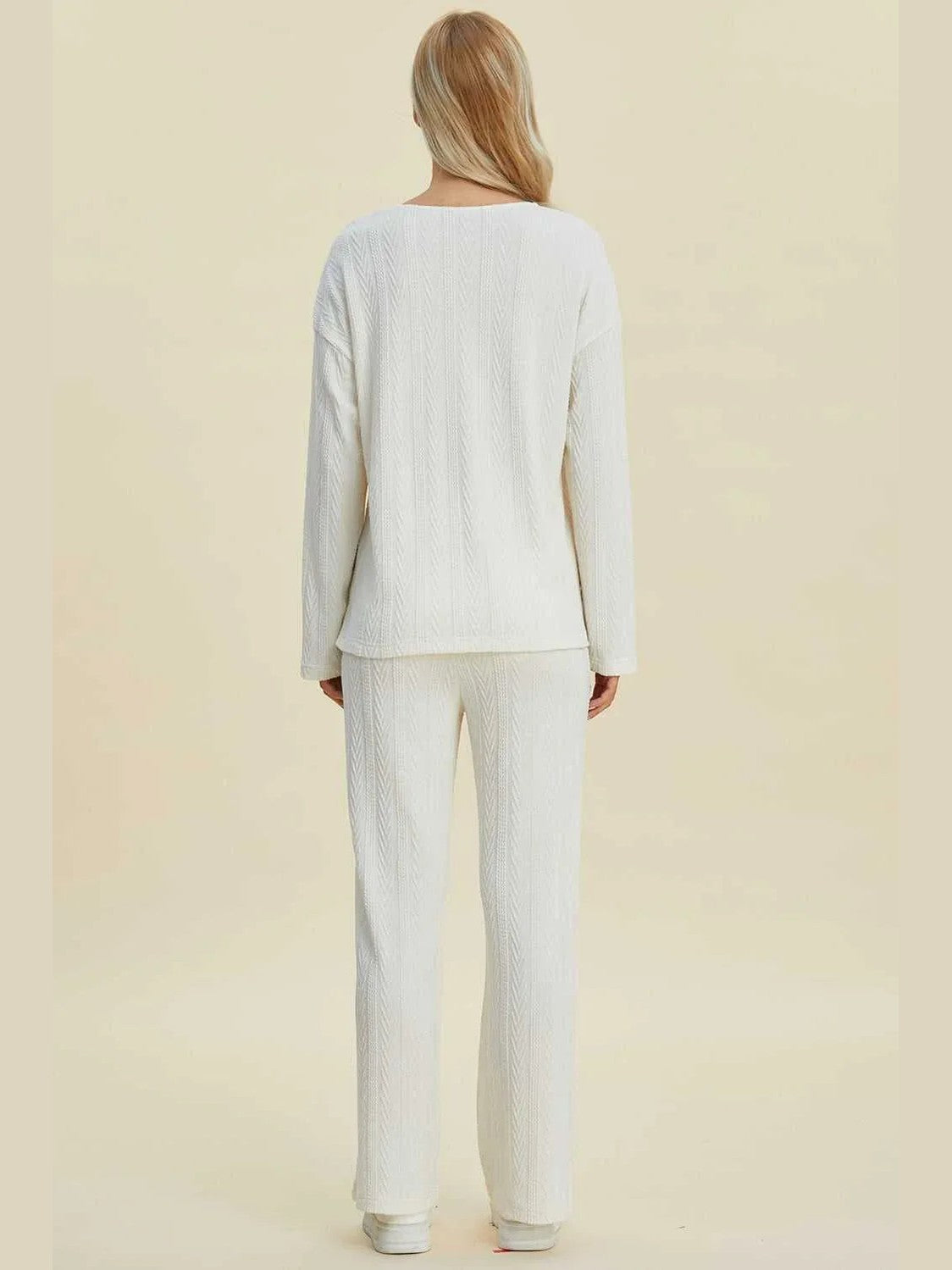 Double Take Full Size Cable-Knit Long Sleeve Top and Pants Set -- 