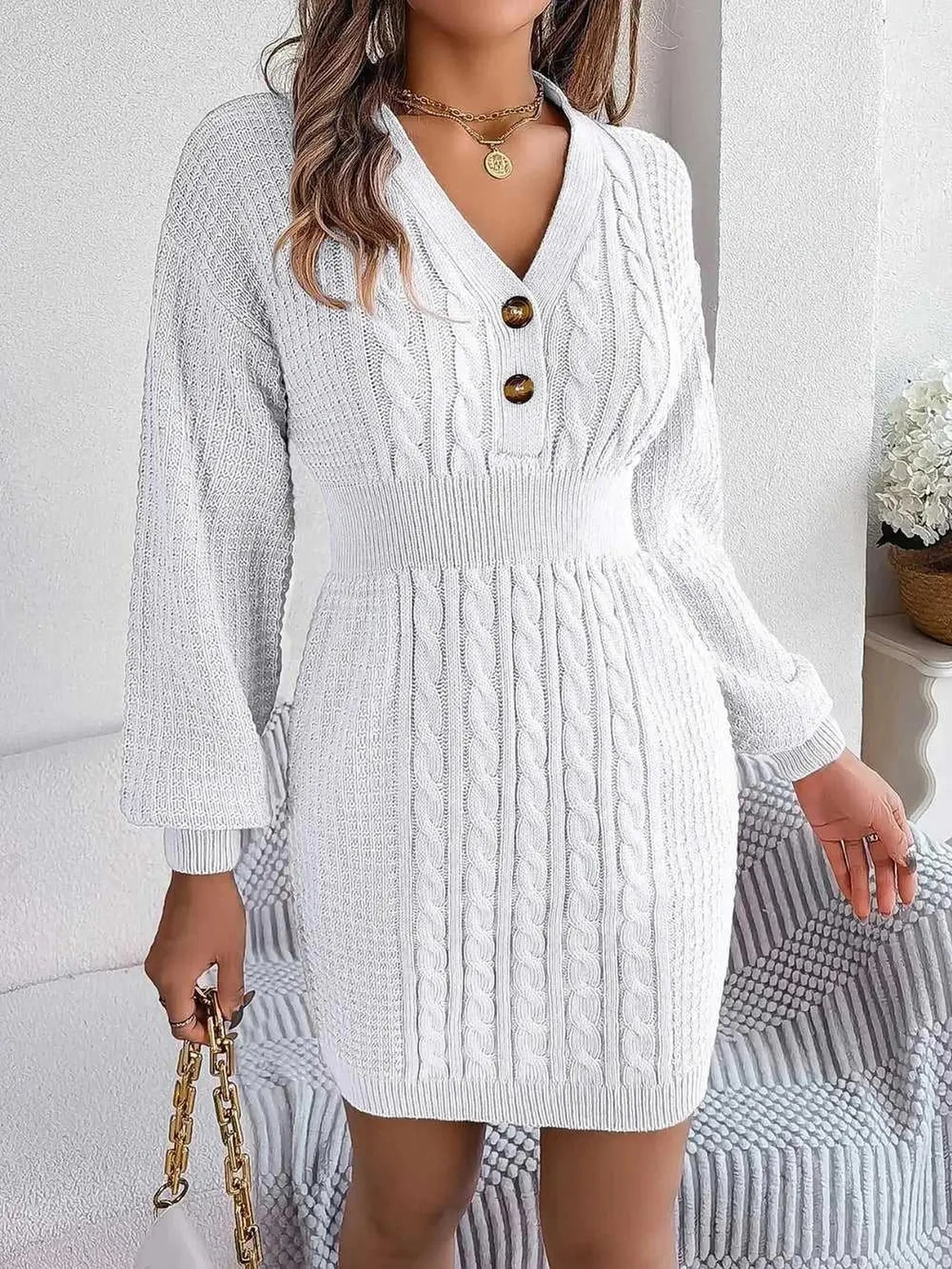 Buttoned Cable-Knit V-Neck Sweater Dress -- 