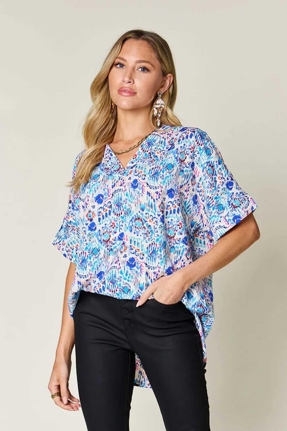 Double Take Full Size Printed V-Neck Short Sleeve Blouse -- 