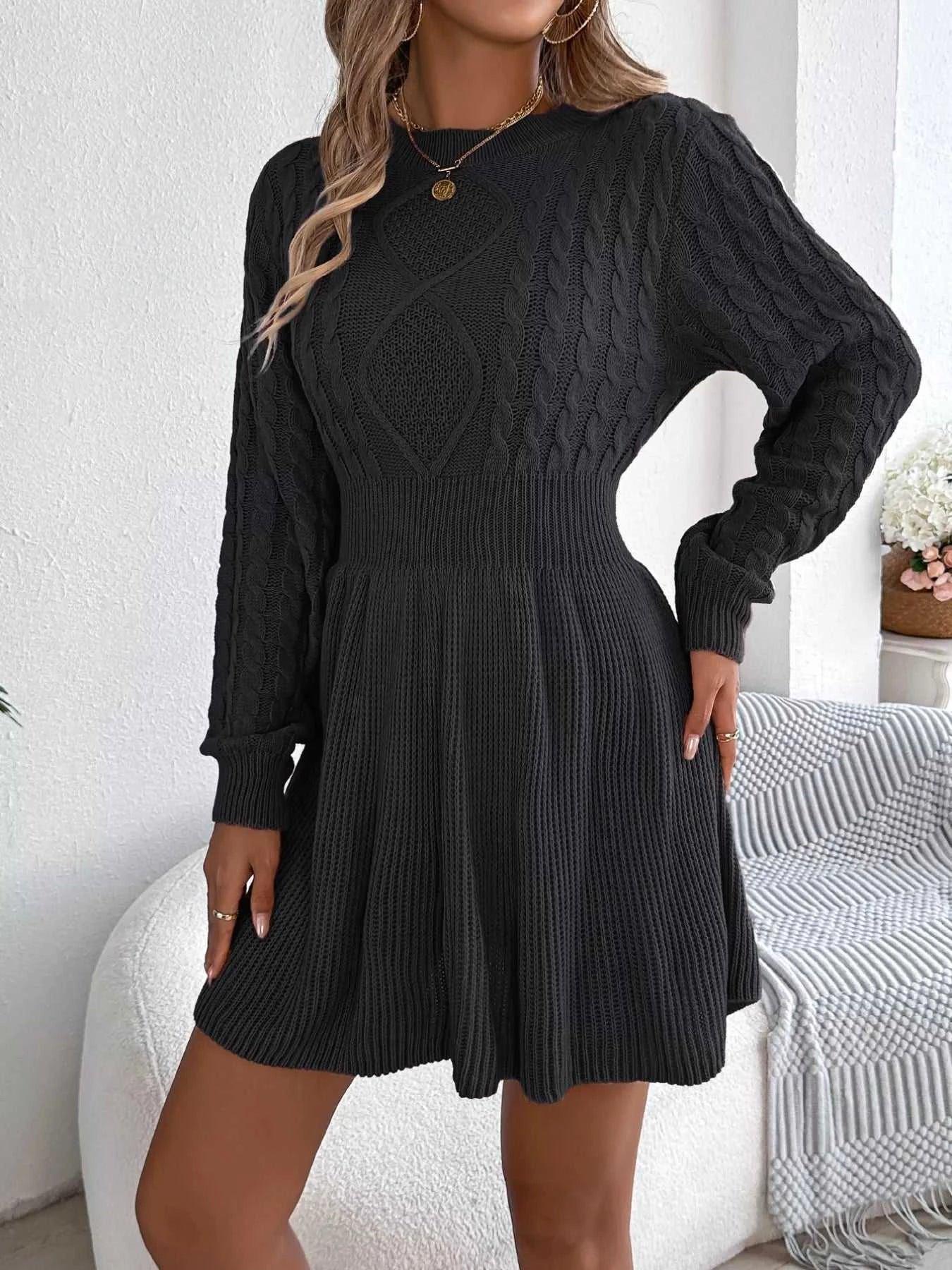 Cable Knit Long Sleeve Sweater Dress -- 