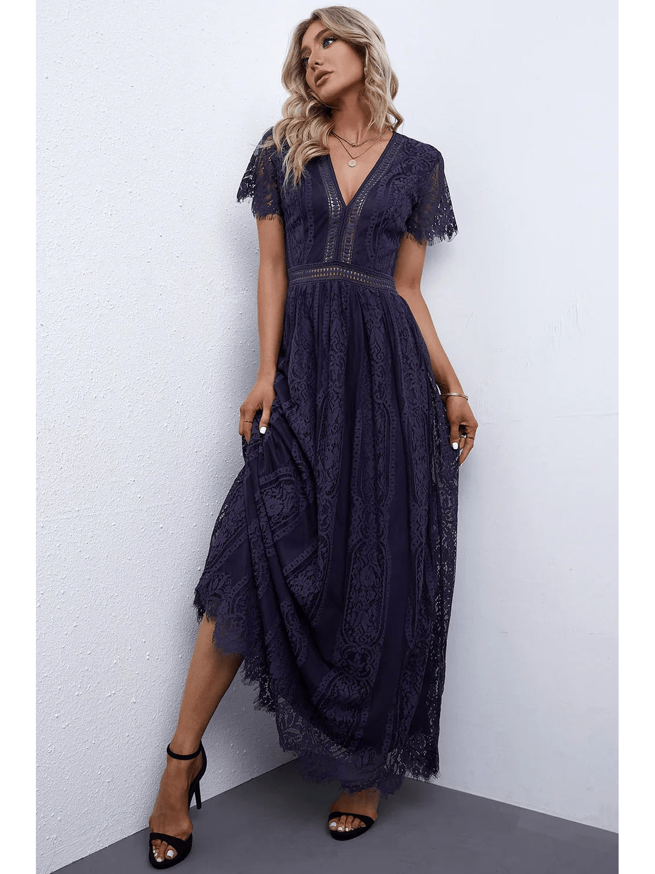 Scalloped Trim Lace Plunge Dress -- 