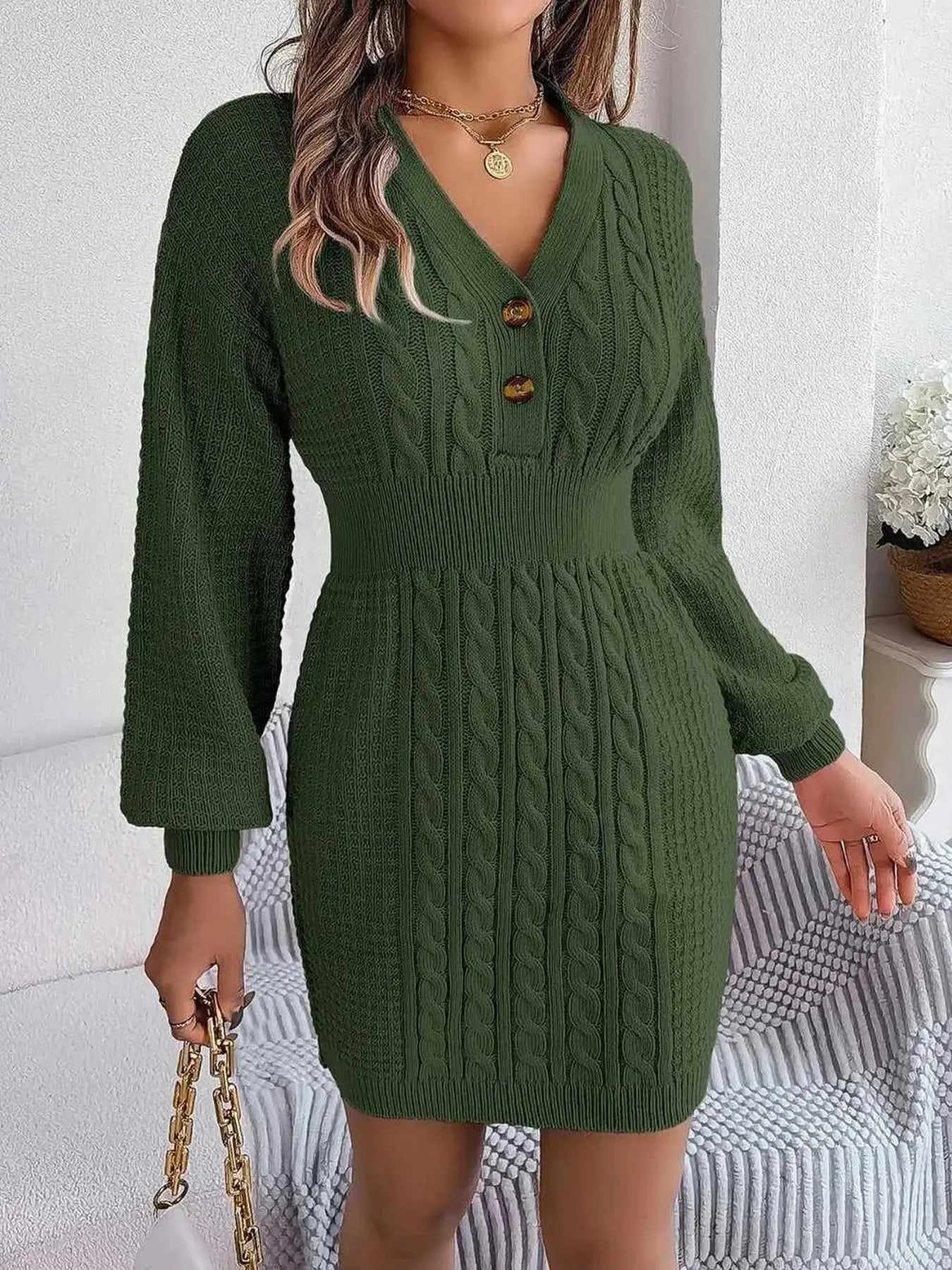 Buttoned Cable-Knit V-Neck Sweater Dress -- 