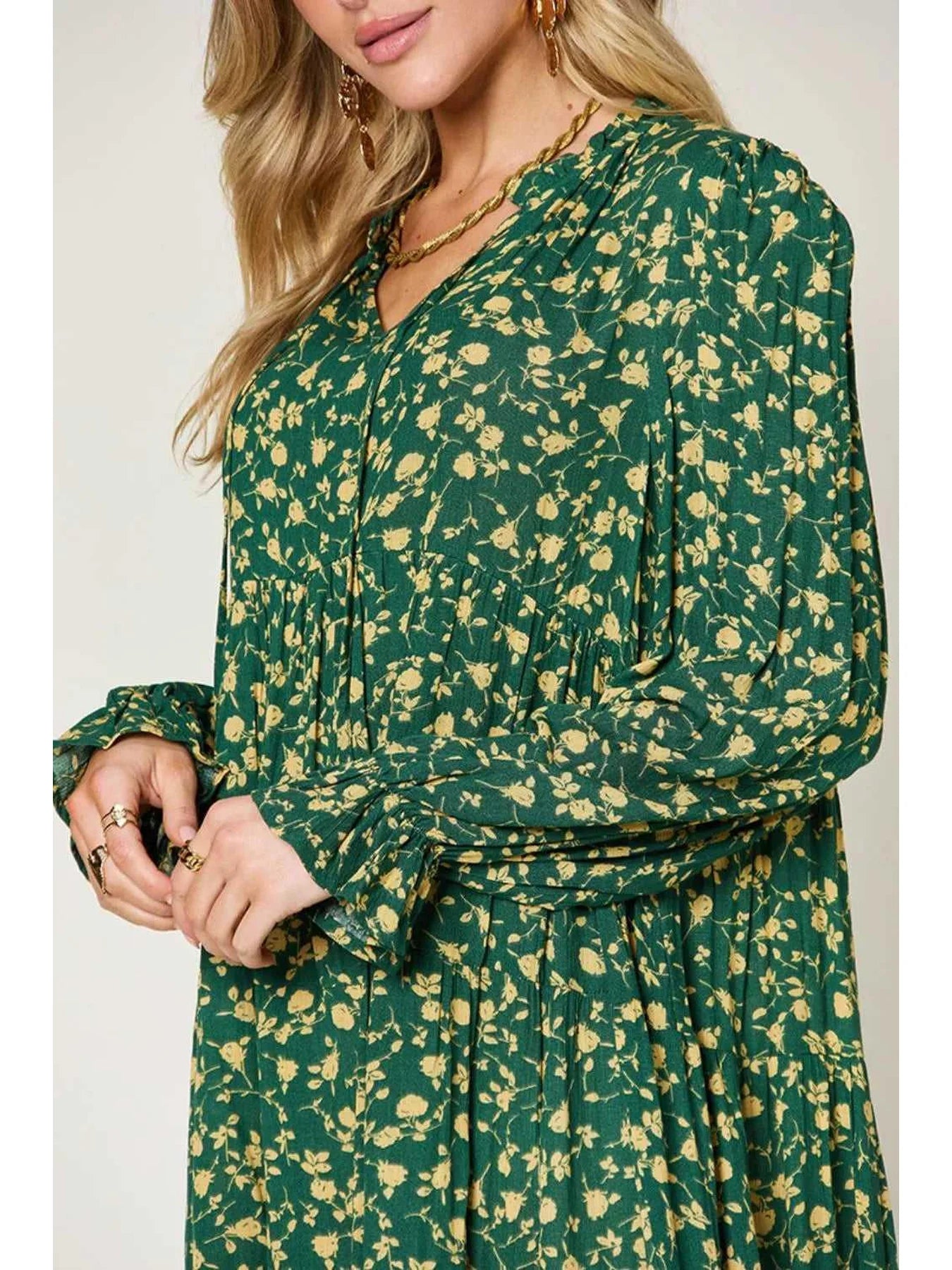 Double Take Full Size Printed Ruffle Hem Long Sleeve Tiered Dress -- 