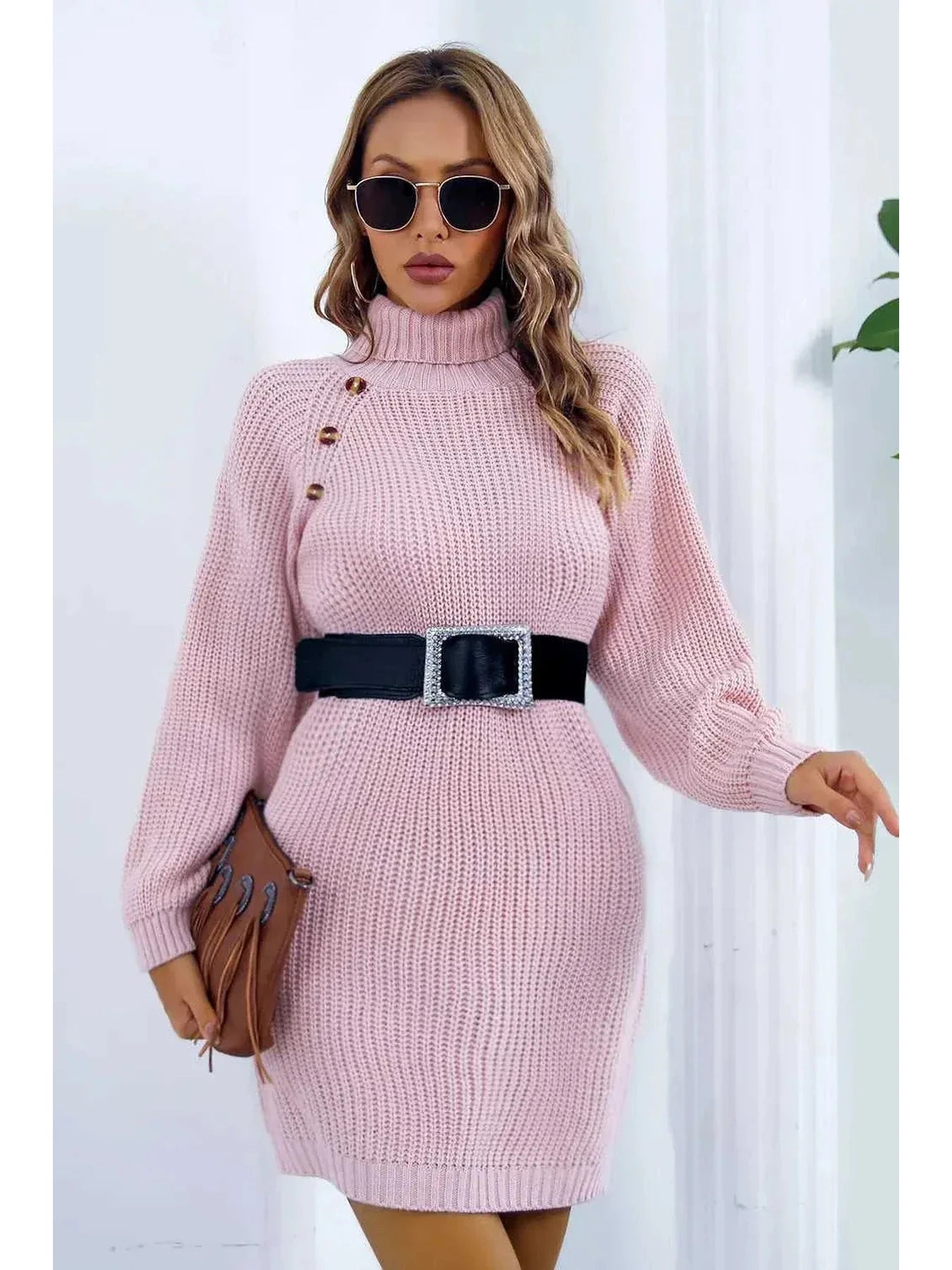 Buttoned Turtleneck Long Sleeve Sweater Dress -- 