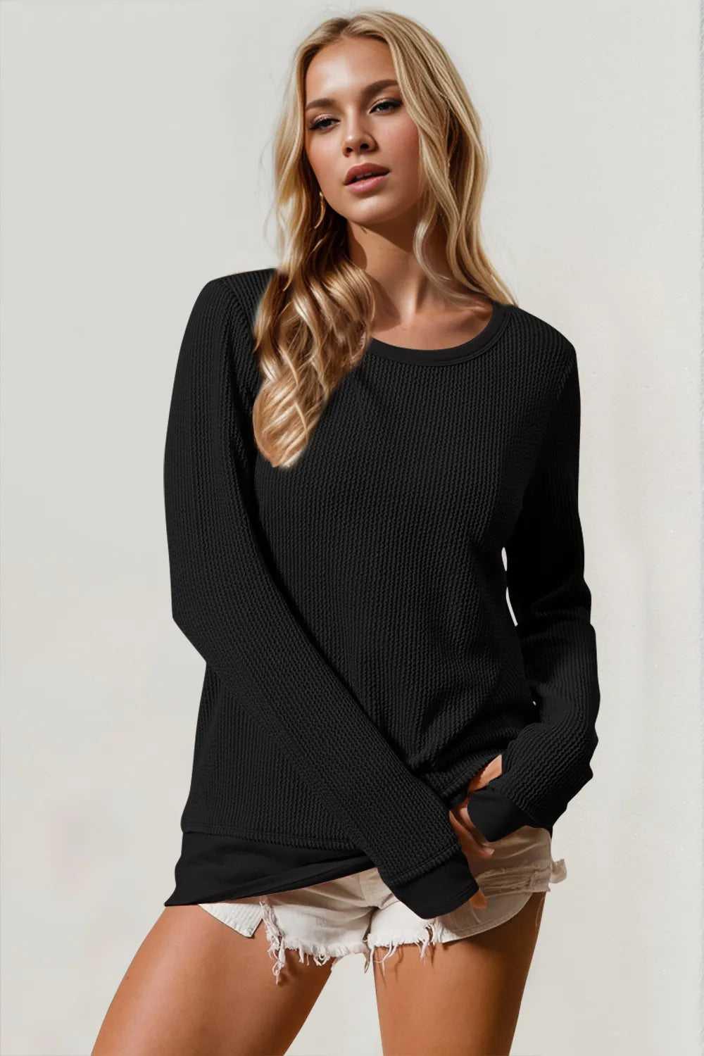 Double Take Corded Rib Thumbhole Cuff Round Neck T-Shirt -- 