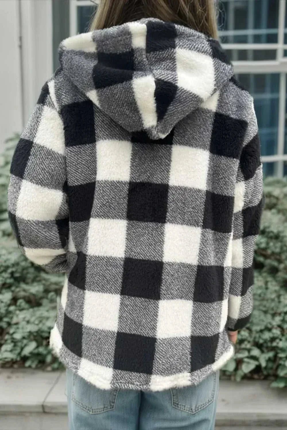 Double Take Full Size Plaid Long Sleeve Hooded Coat -- 