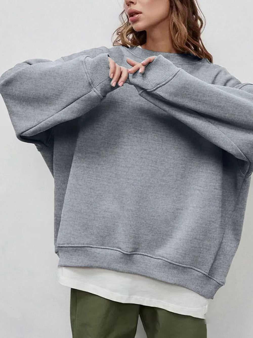 Round Neck Dropped Shoulder Long Sleeve Sweatshirt -- 