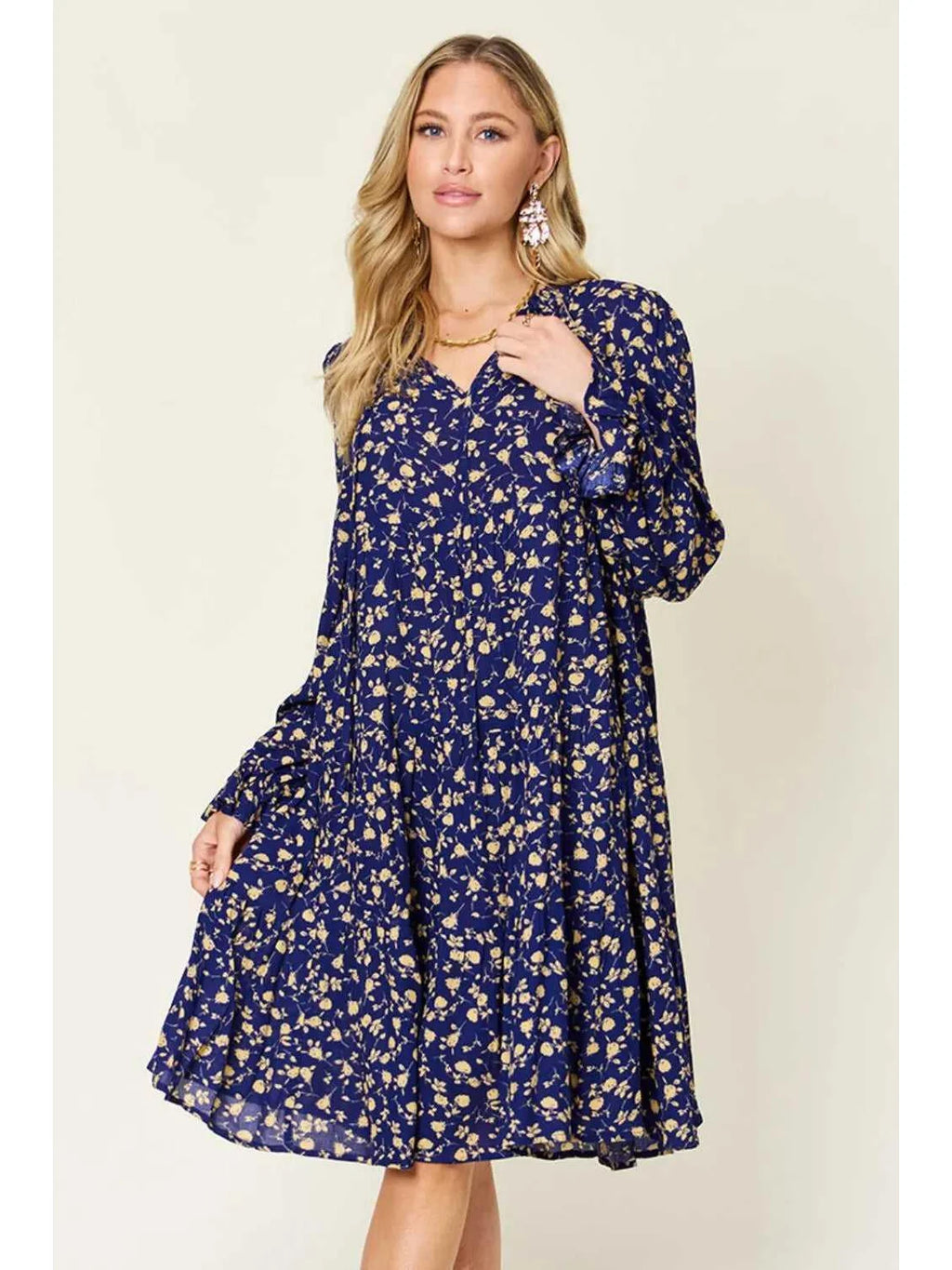 Double Take Full Size Printed Ruffle Hem Long Sleeve Tiered Dress -- 