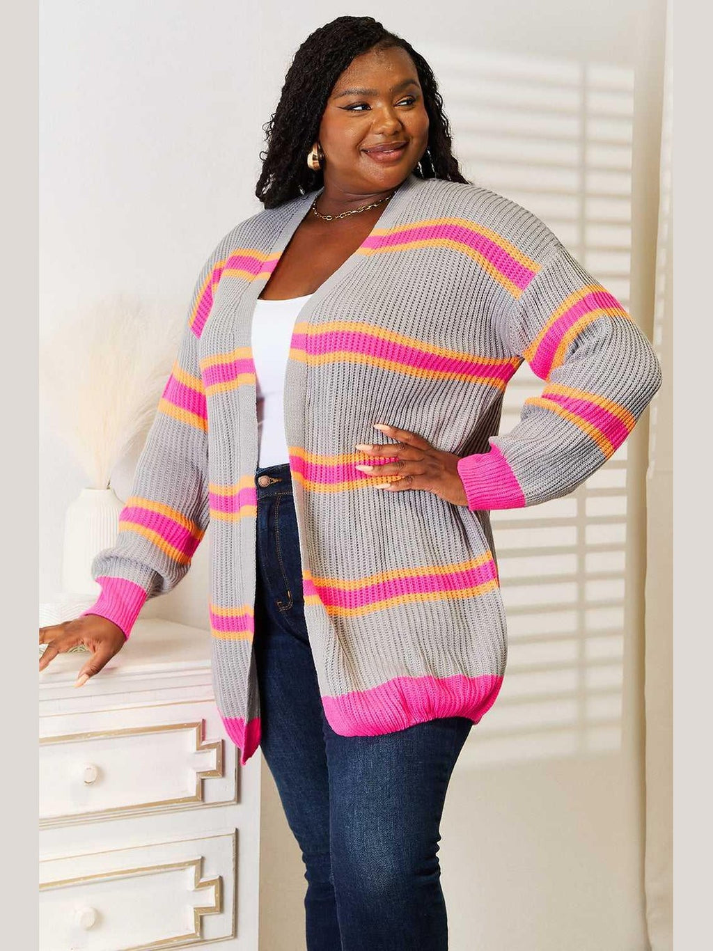 Woven Right Ribbed Long Sleeve Cardigan -- 