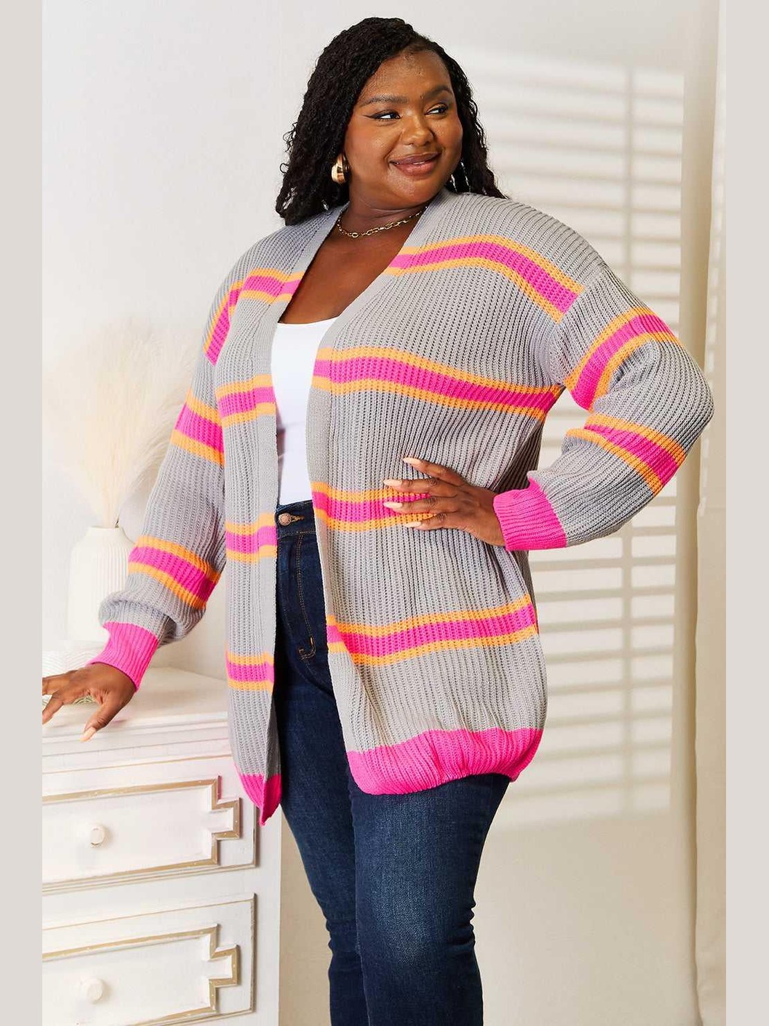 Woven Right Ribbed Long Sleeve Cardigan -- 