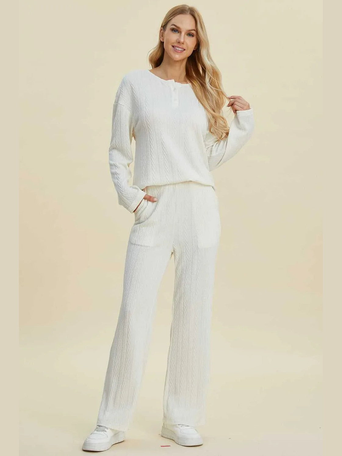 Double Take Full Size Cable-Knit Long Sleeve Top and Pants Set -- 