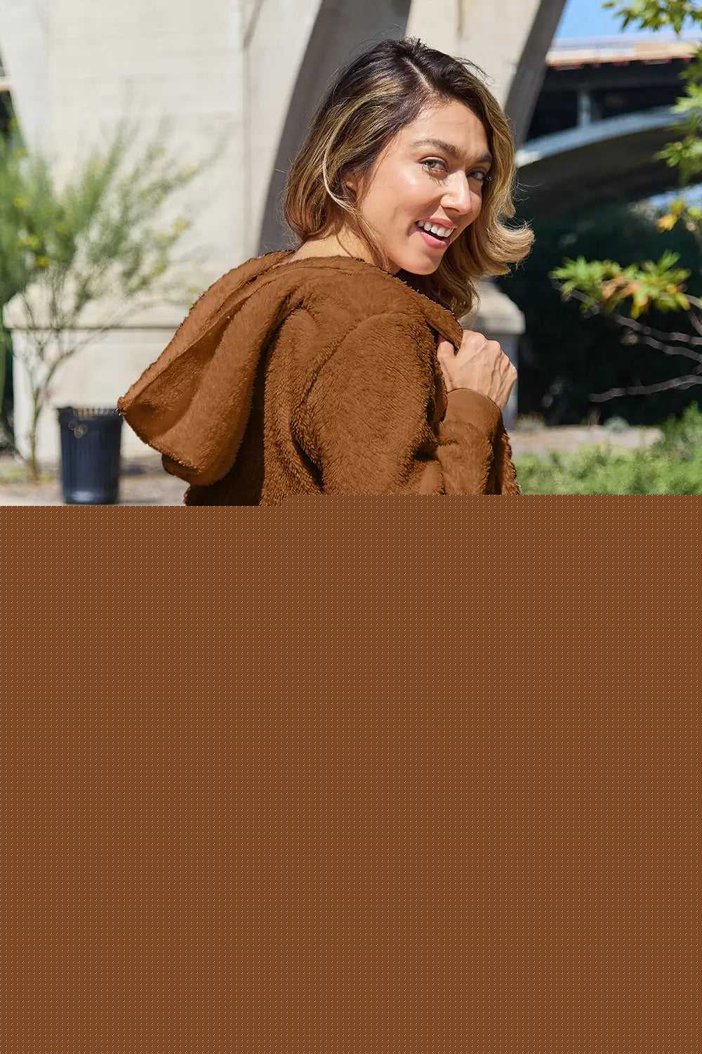 Full Size Teddy Hooded Jacket with Pockets -- 
