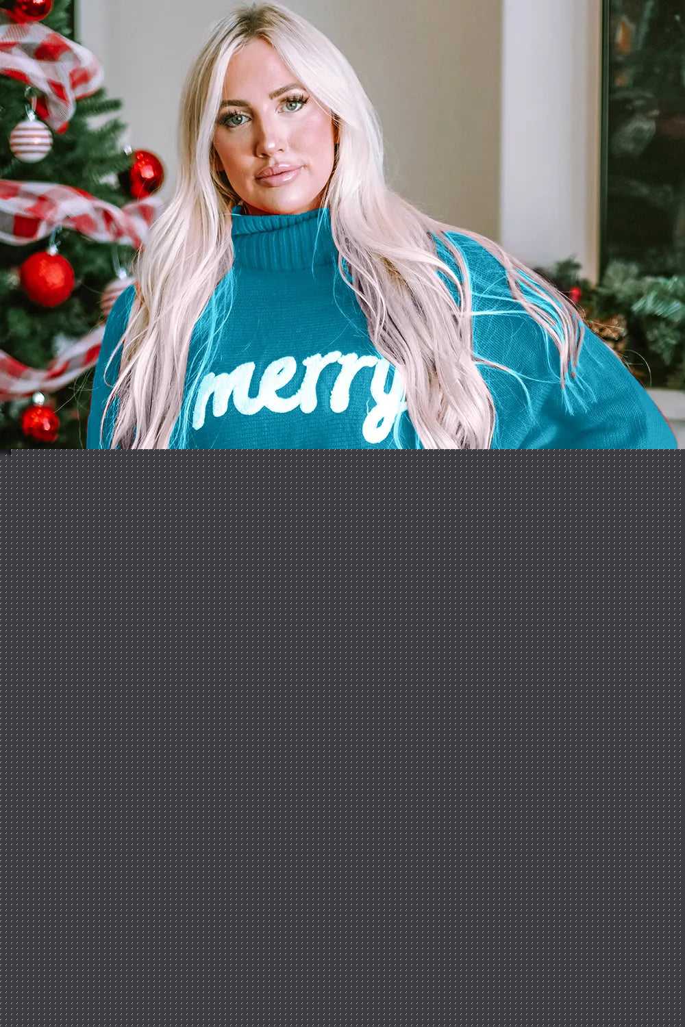 Double Take Full Size Merry Christmas Turtleneck Long Sleeve Sweater -- 